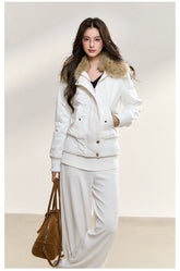 White Faux Fur Collar Quilted Short Jacket - CHINASQUAD
