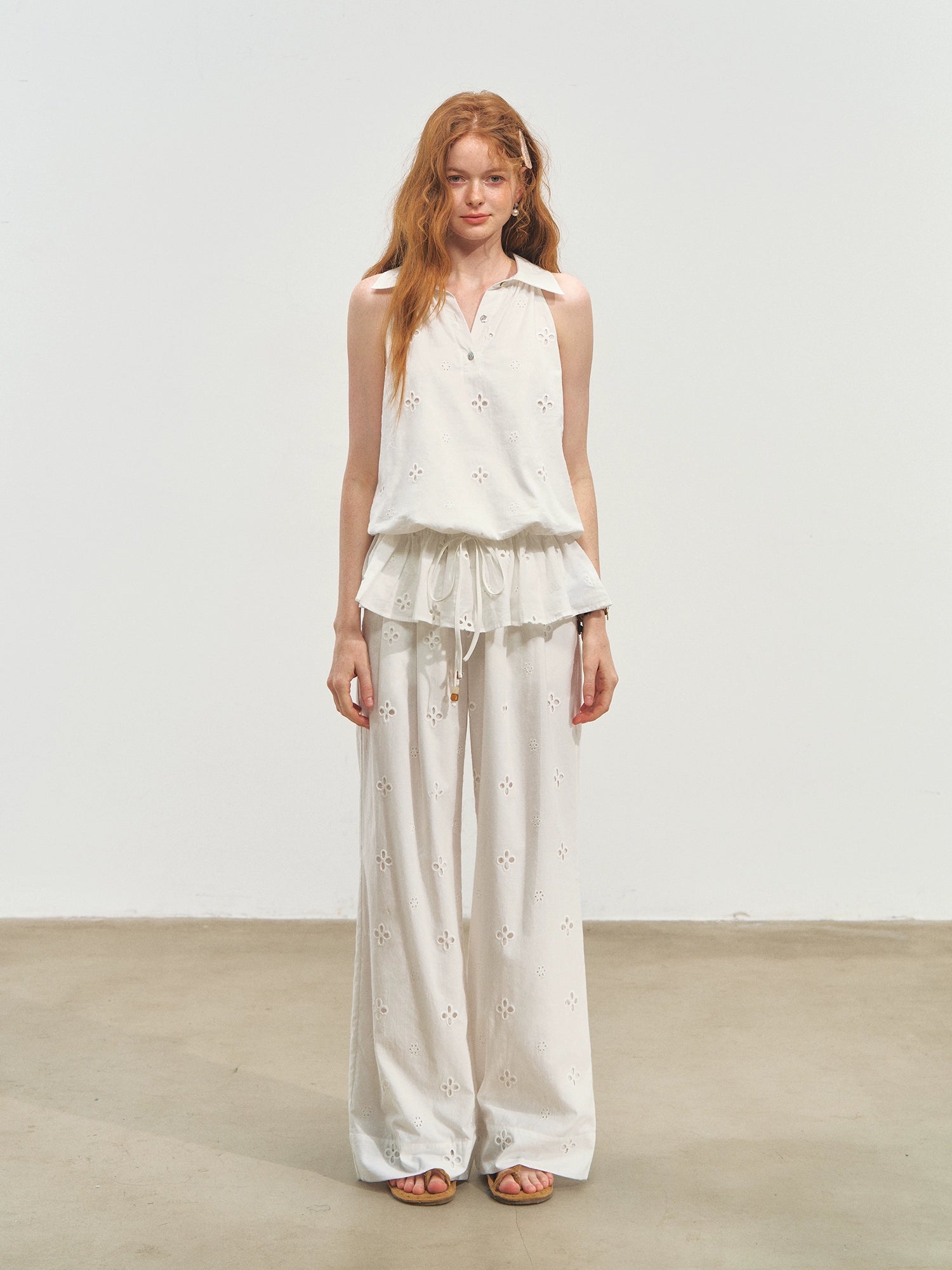 French-Style Printed Sleeveless Halter Tie-Up Top - CHINASQUAD