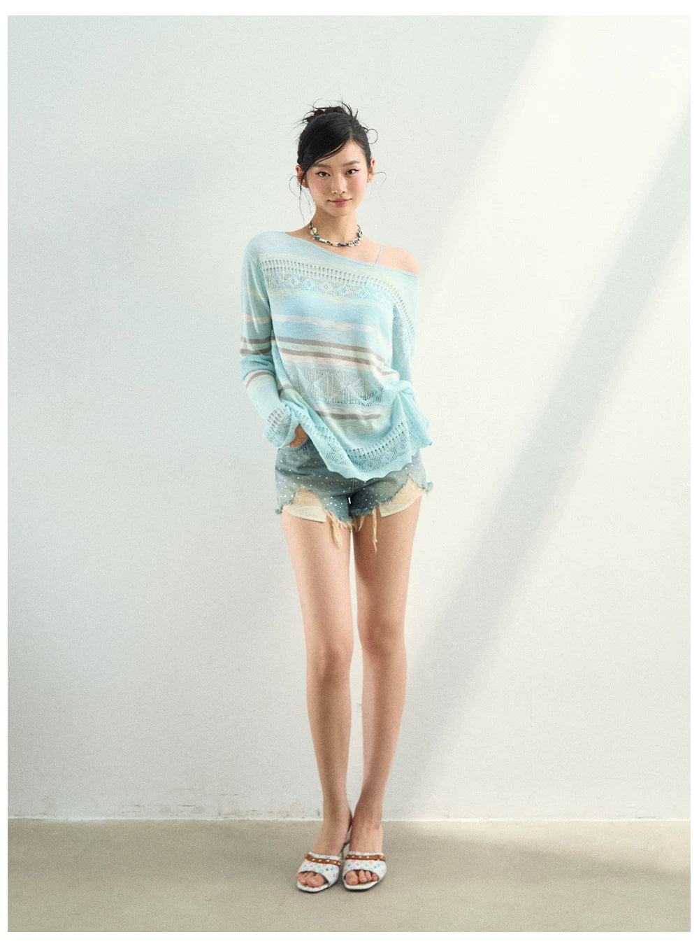 Color-Block Open Knit Stripe Blouse