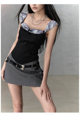 Gray & Black Short Bandeau with Bow Strap Tank Top - CHINASQUAD