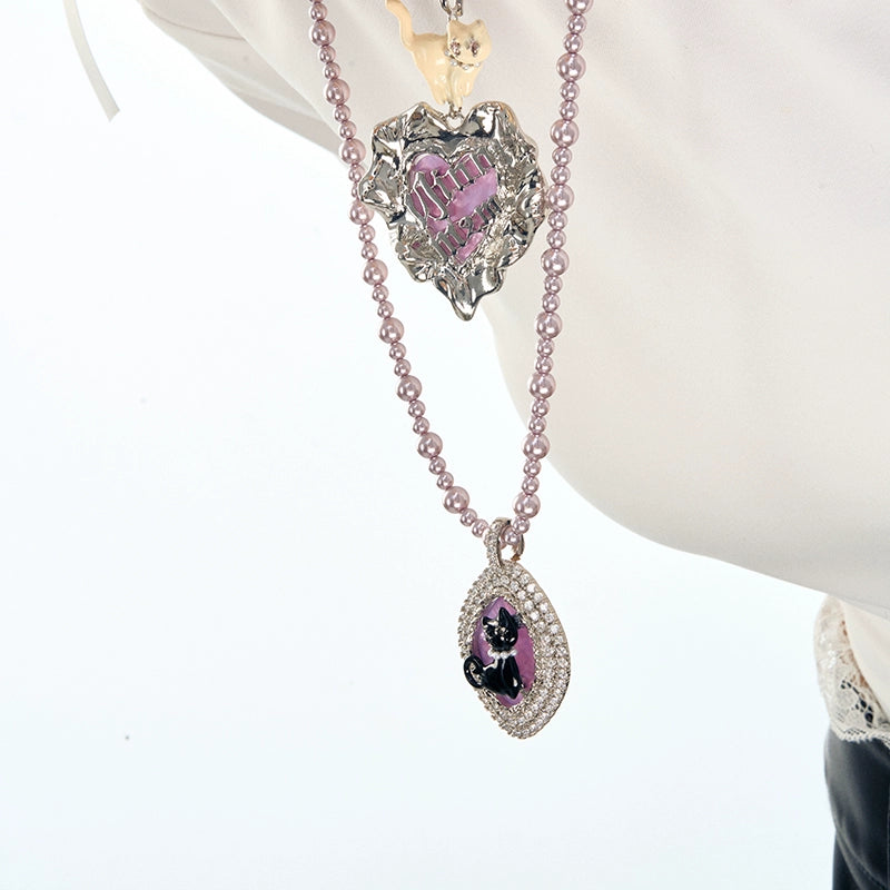 Cat Enamel Purple Pearl Necklace - CHINASQUAD