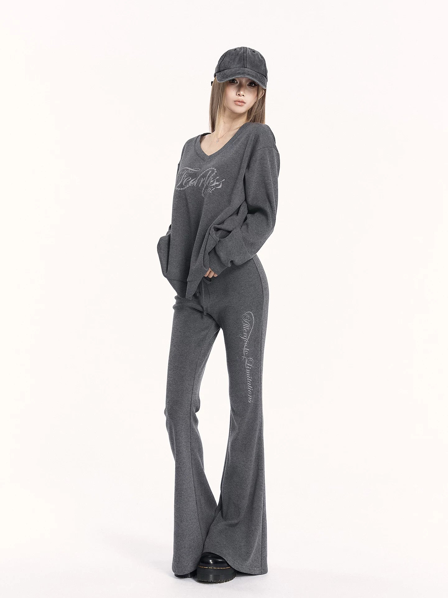V-Neck Sweatshirt & Flared Pants Set