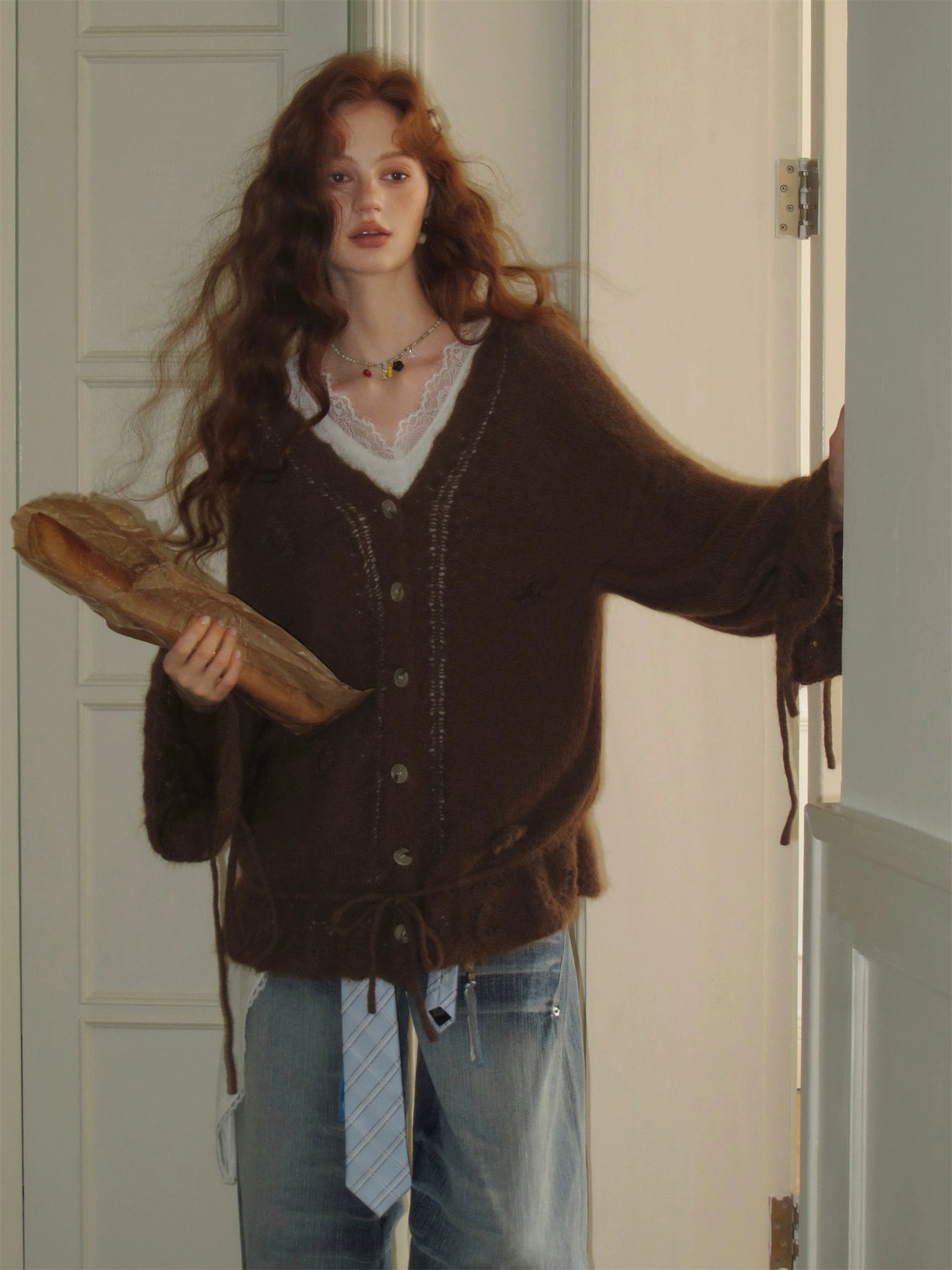 Wool-Blend Drawstring Floral V-Neck Knitted Cardigan - CHINASQUAD