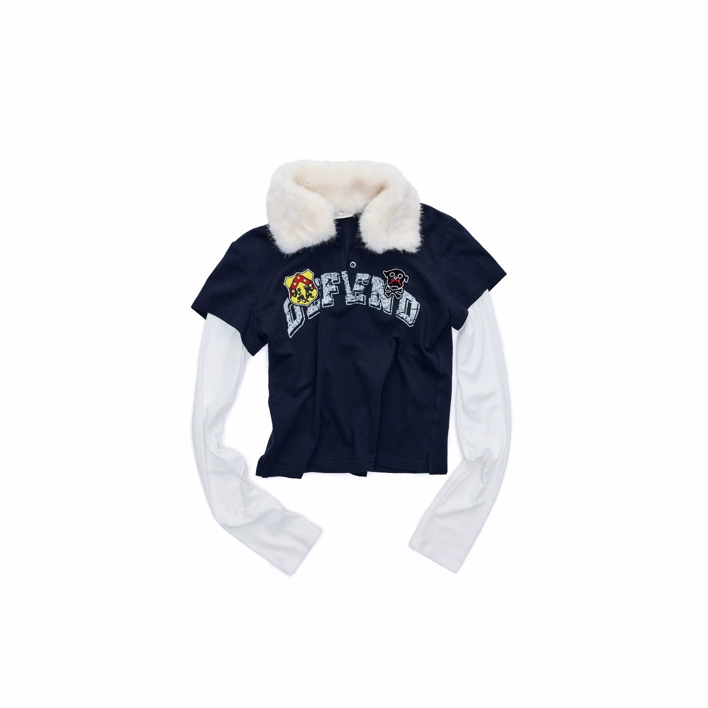 Layered Polo Long Sleeve Top with Faux Fur Collar