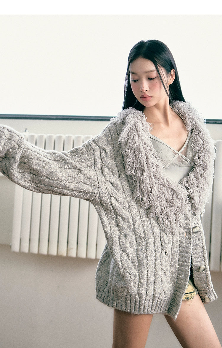 Grey & Khaki Frayed Edge Cardigan - CHINASQUAD