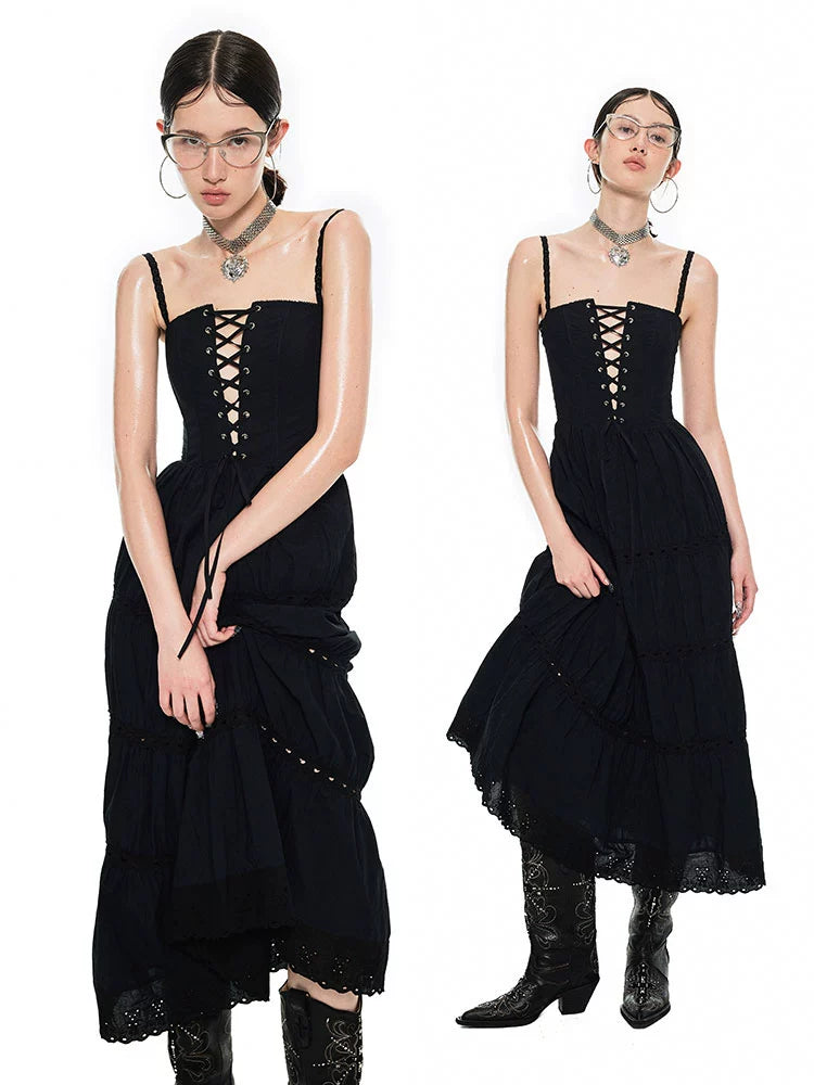 Black & White Herringbone Tie-strap Dress - CHINASQUAD