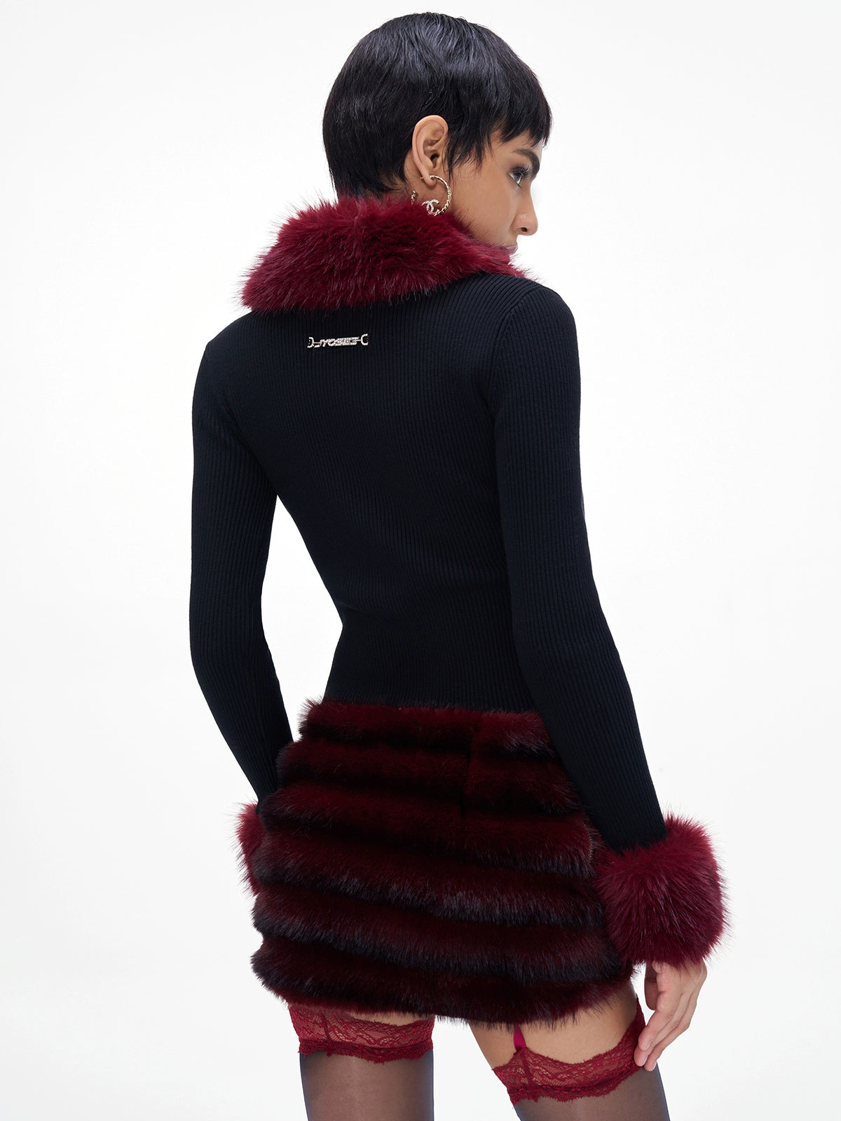 Fur-Collar Knit Cape & Fuzzy Bodycon Skirt Set