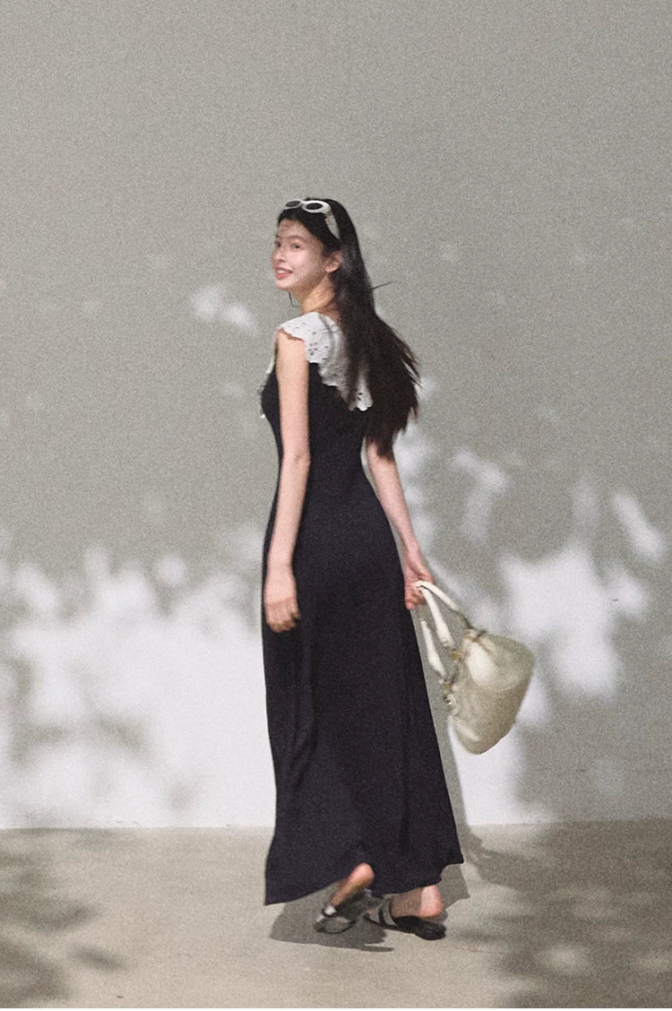 Shifting Tree Shadow Cotton Backless Waist-Cinched Vacation Dress
