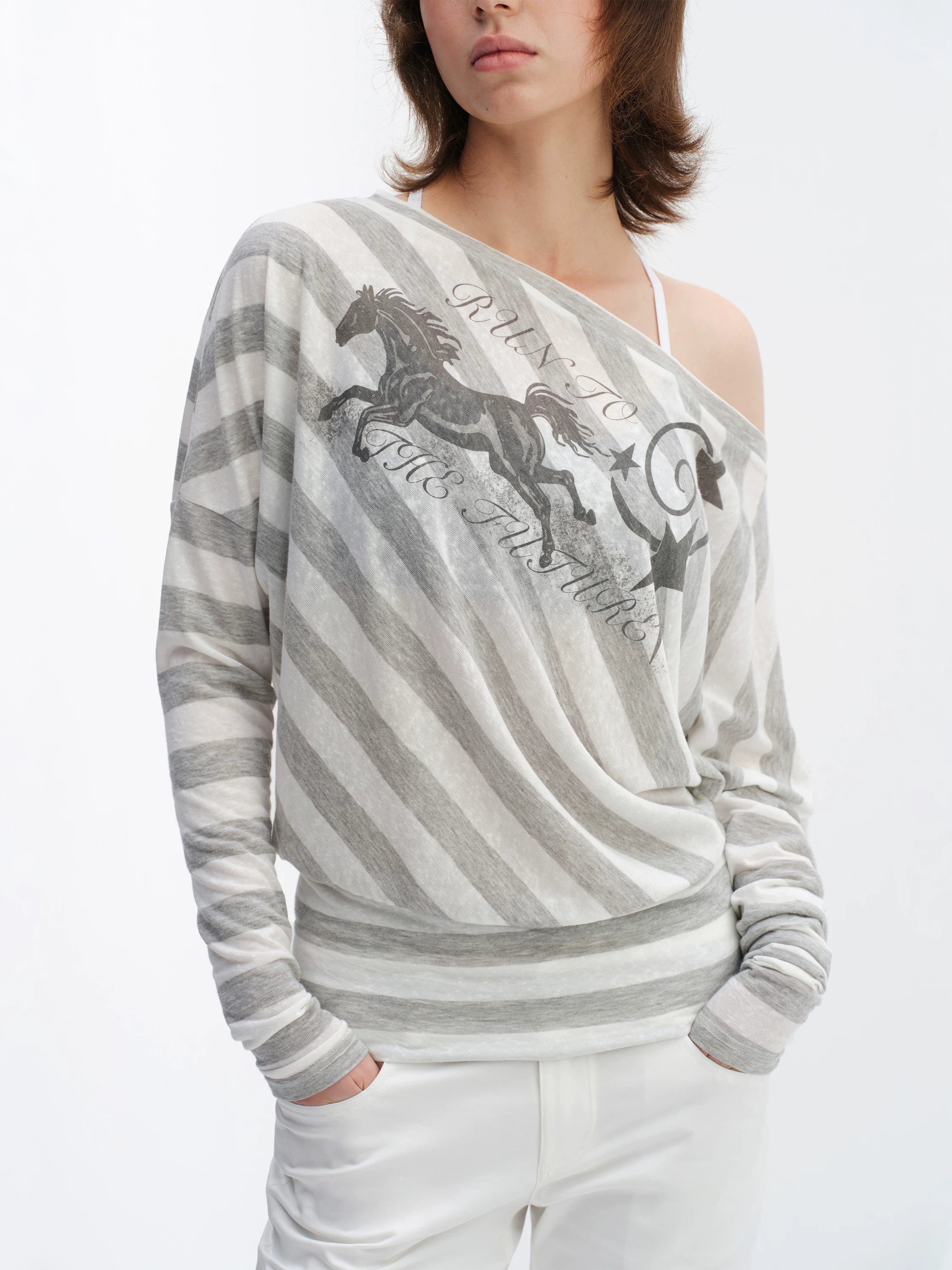 Grey Striped Off-Shoulder Graphic Long Sleeve Blouse