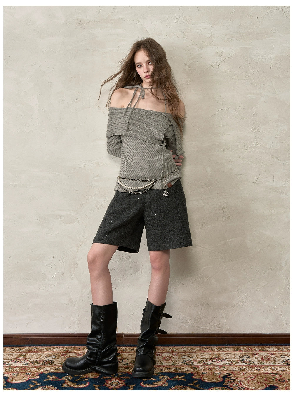 Off-Shoulder Halter Neck Cable Knit Sweater - CHINASQUAD