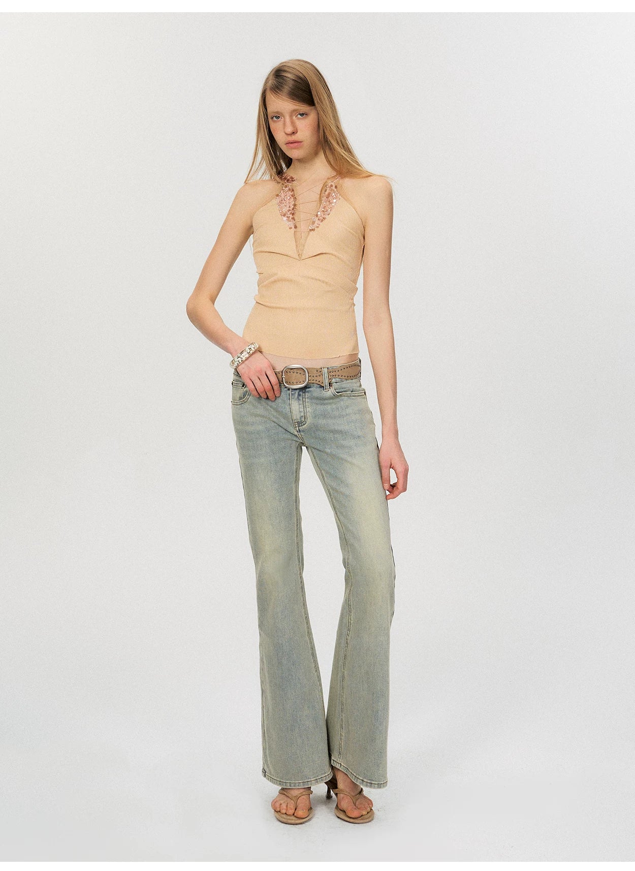 Vintage Deep V Sequin Halterneck Slim Fit Tank Top