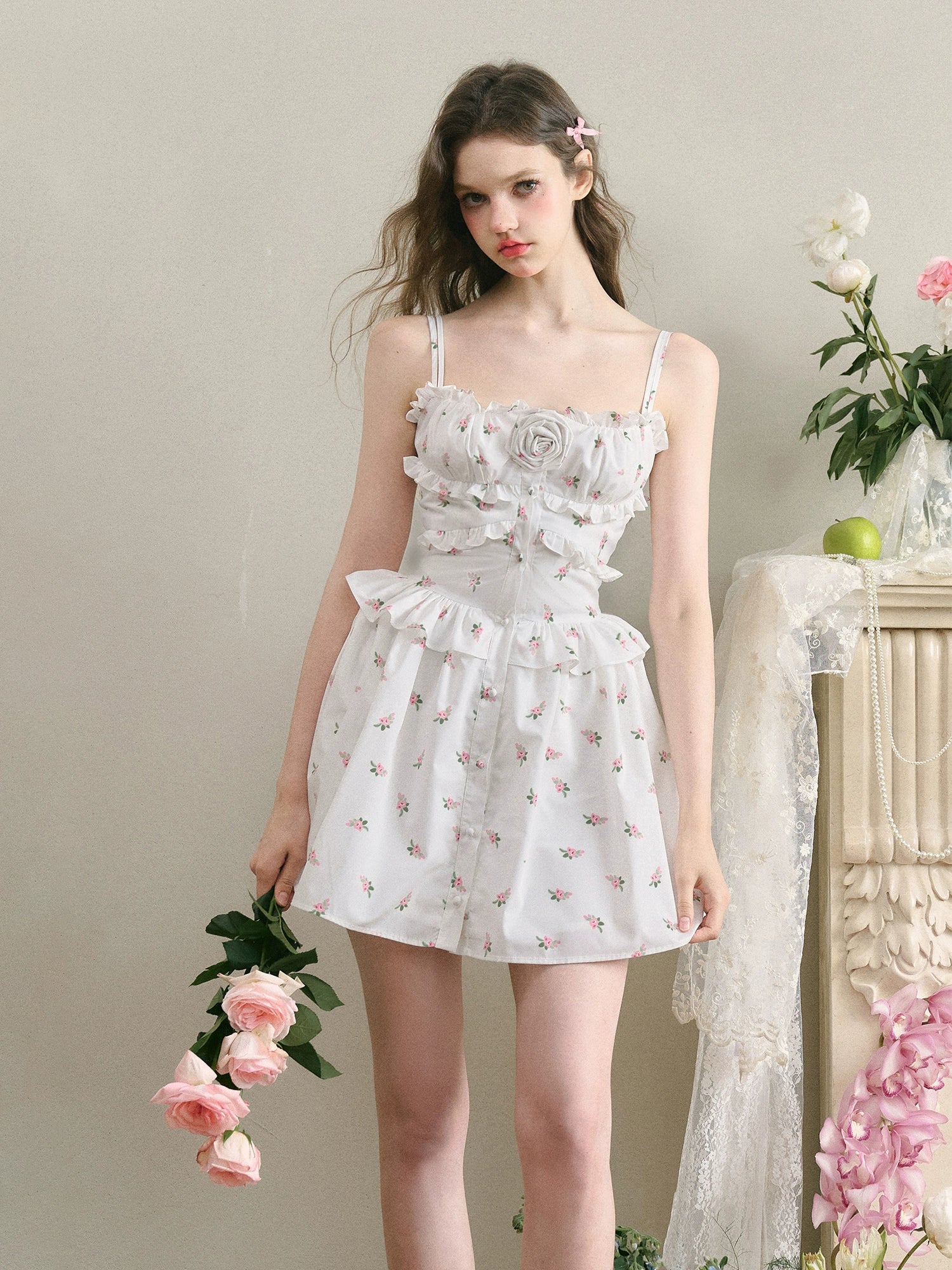 White Floral Ruffled Edge Dress - CHINASQUAD