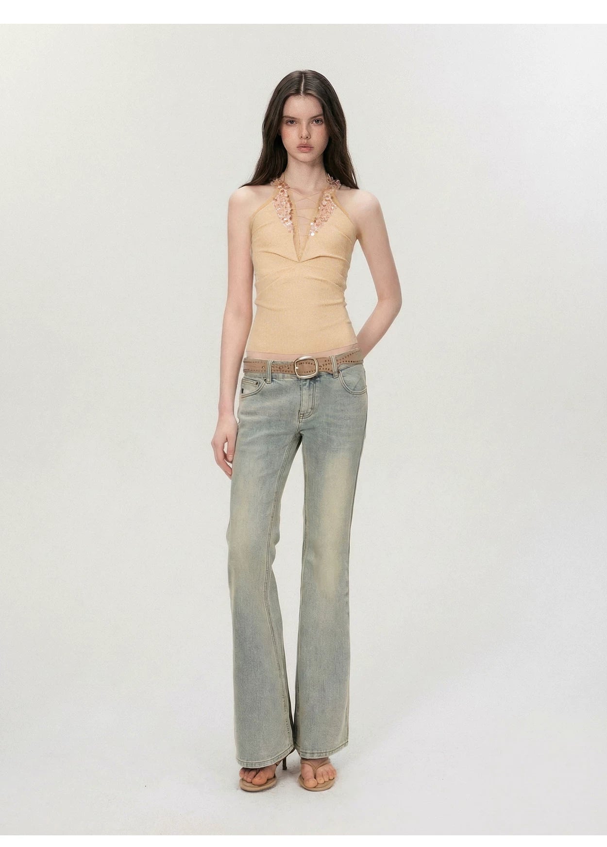 Vintage Deep V Sequin Halterneck Slim Fit Tank Top