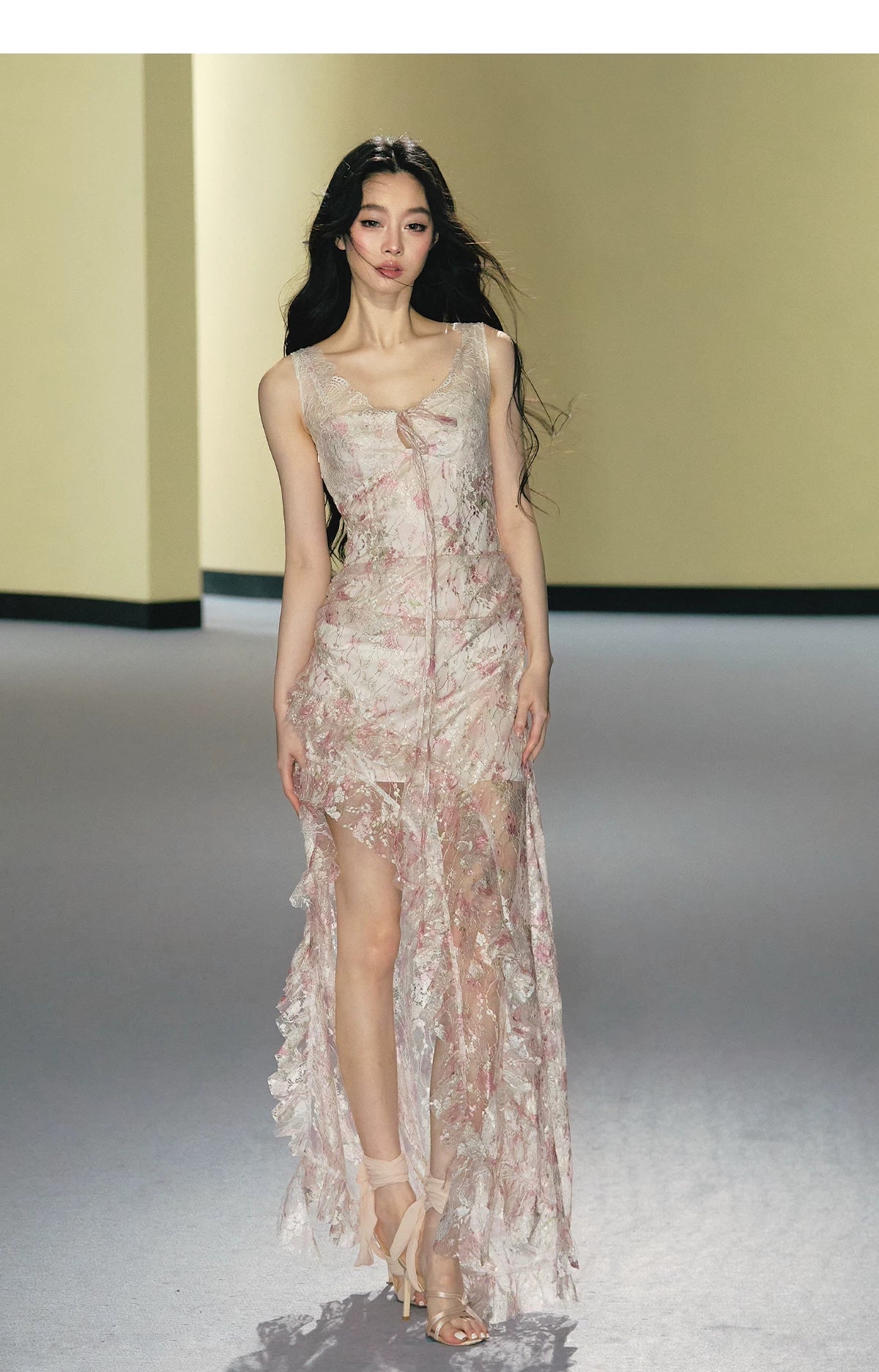 Misty Blush Lace-Panel Slip Maxi Dress