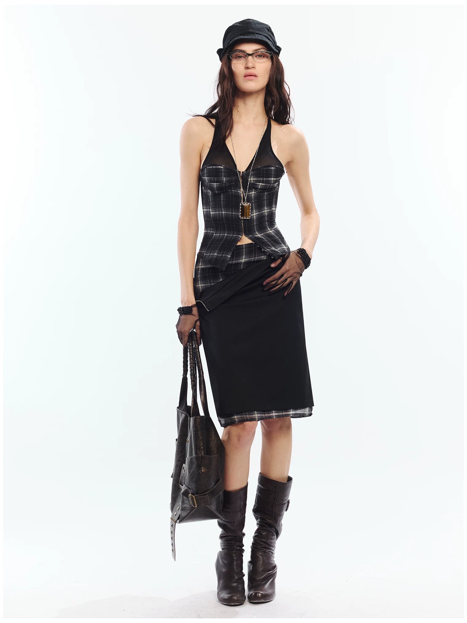 Deconstructed Check Patchwork Straight Midi Skirt