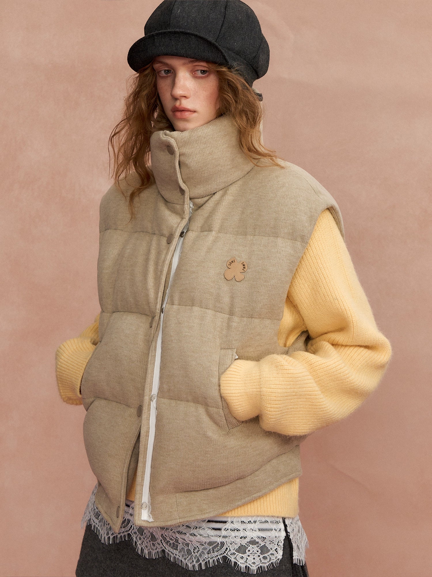 Lace-Paneled Stand-Collar Puffer Vest