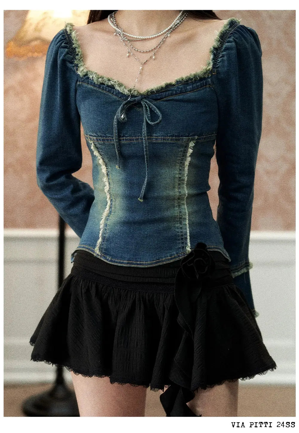 Denim Blue Frayed Edge Off-Shoulder Top - CHINASQUAD