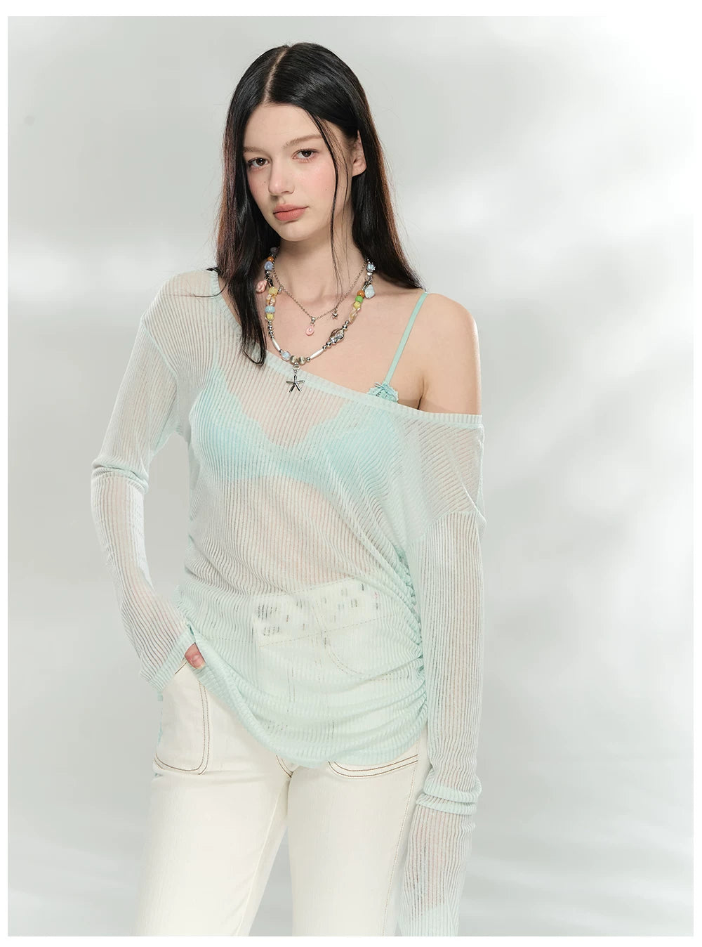 Sheer Textured Knit Open-Back Cover-Up Top