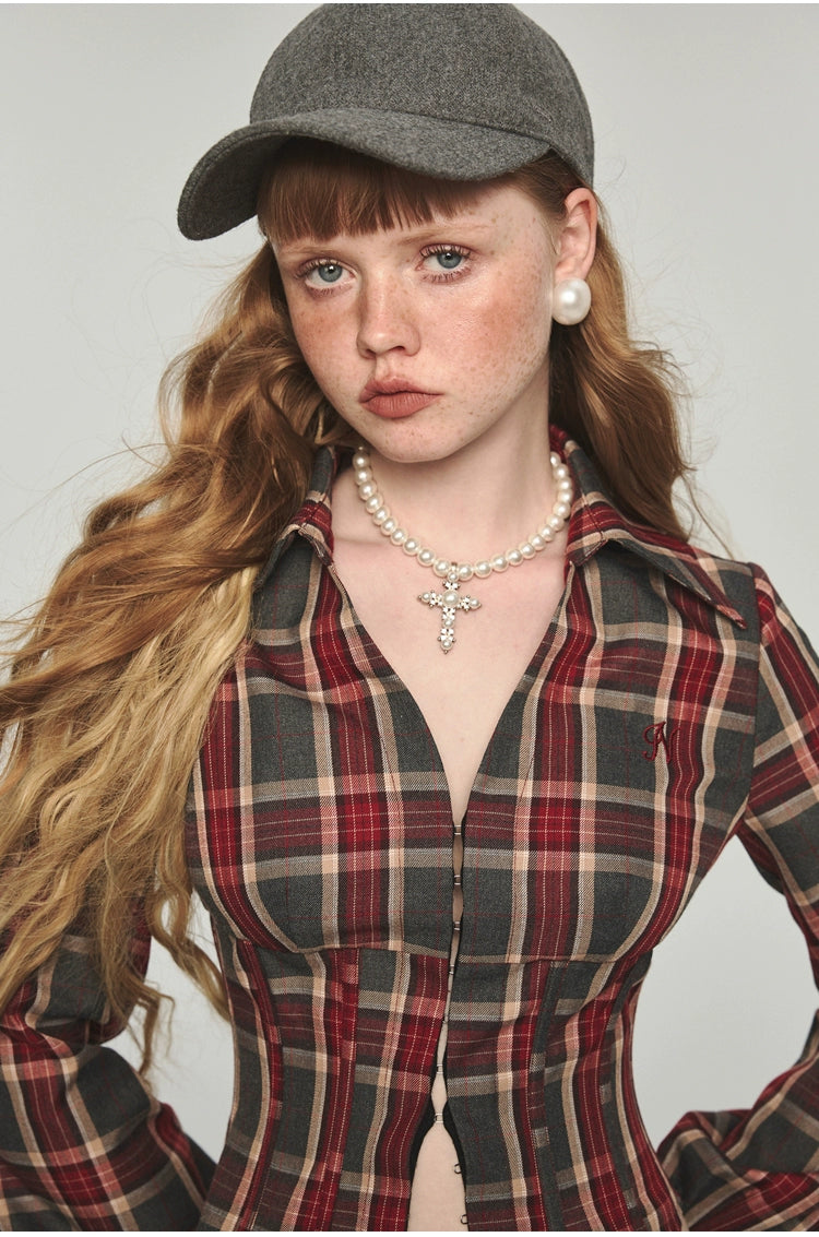 Plaid V-neck Fishbone Shirt - CHINASQUAD