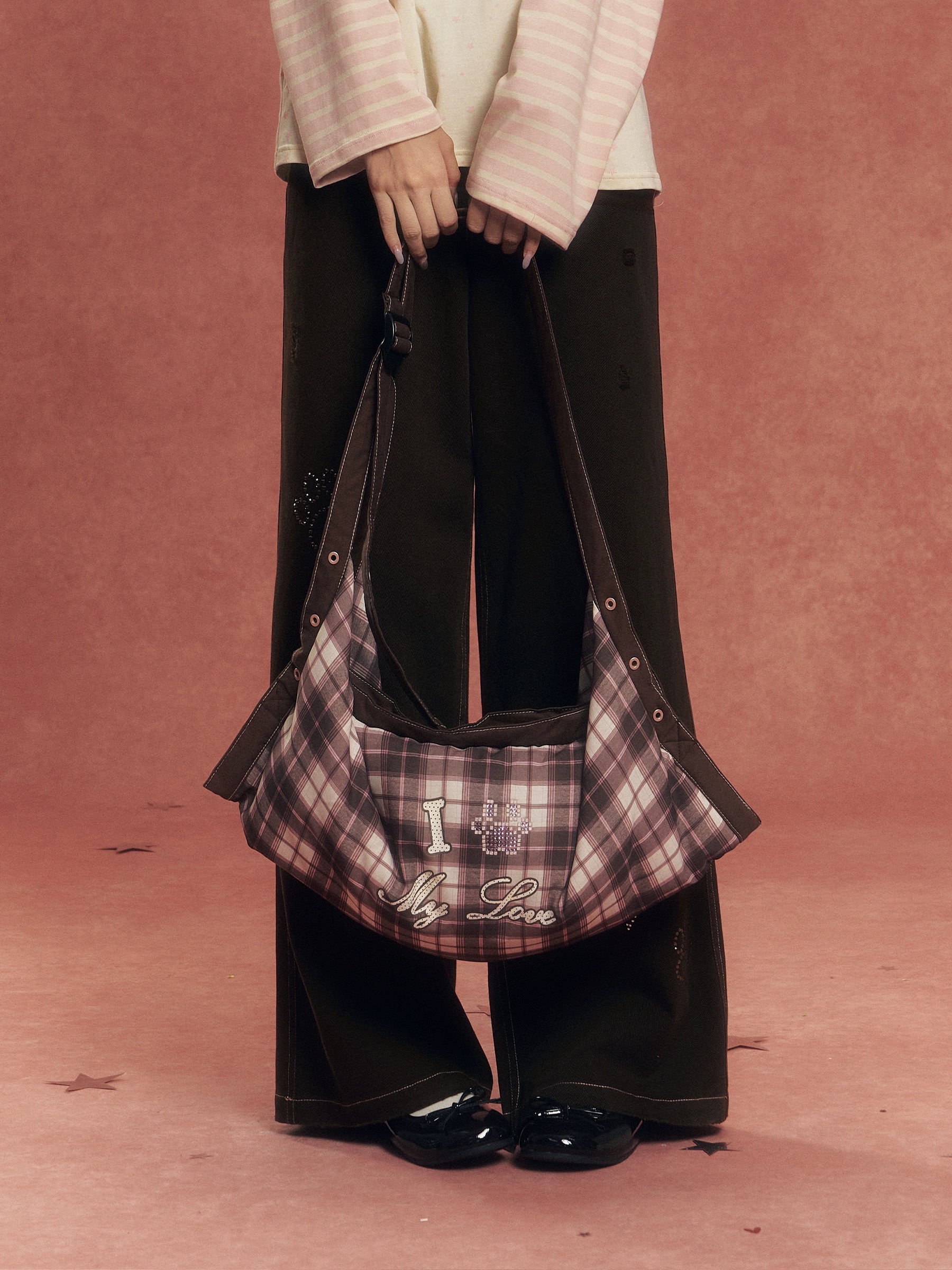 Crystal-Embellished Plaid Pillow Bag