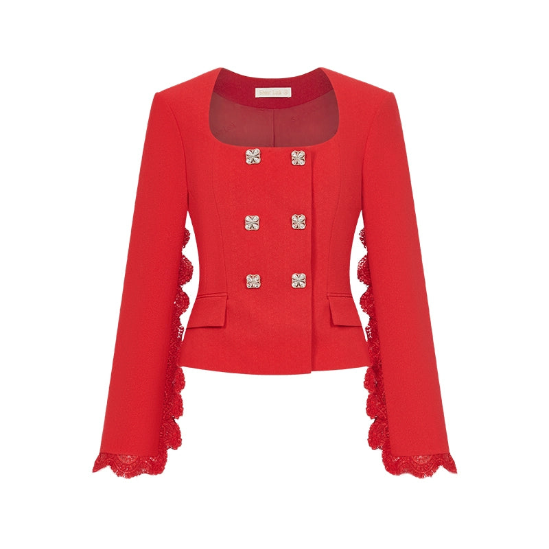 Mirage Vintage Lace-Collar Blazer & Flared Skirt Set - CHINASQUAD