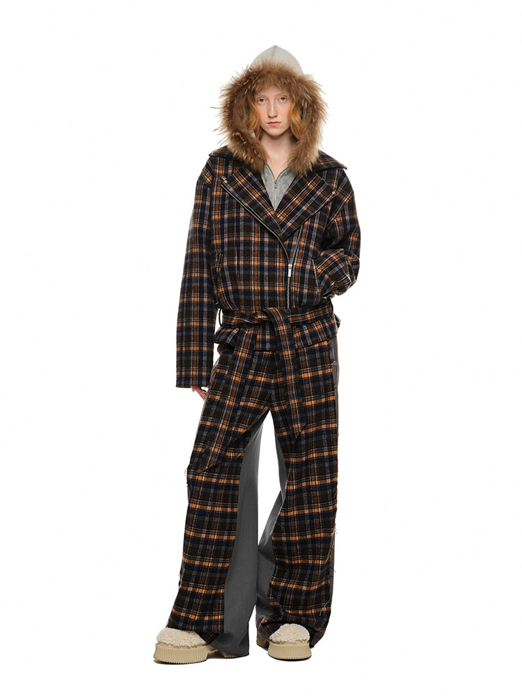 Dark Blue Plaid Woolen Moto Jacket - CHINASQUAD