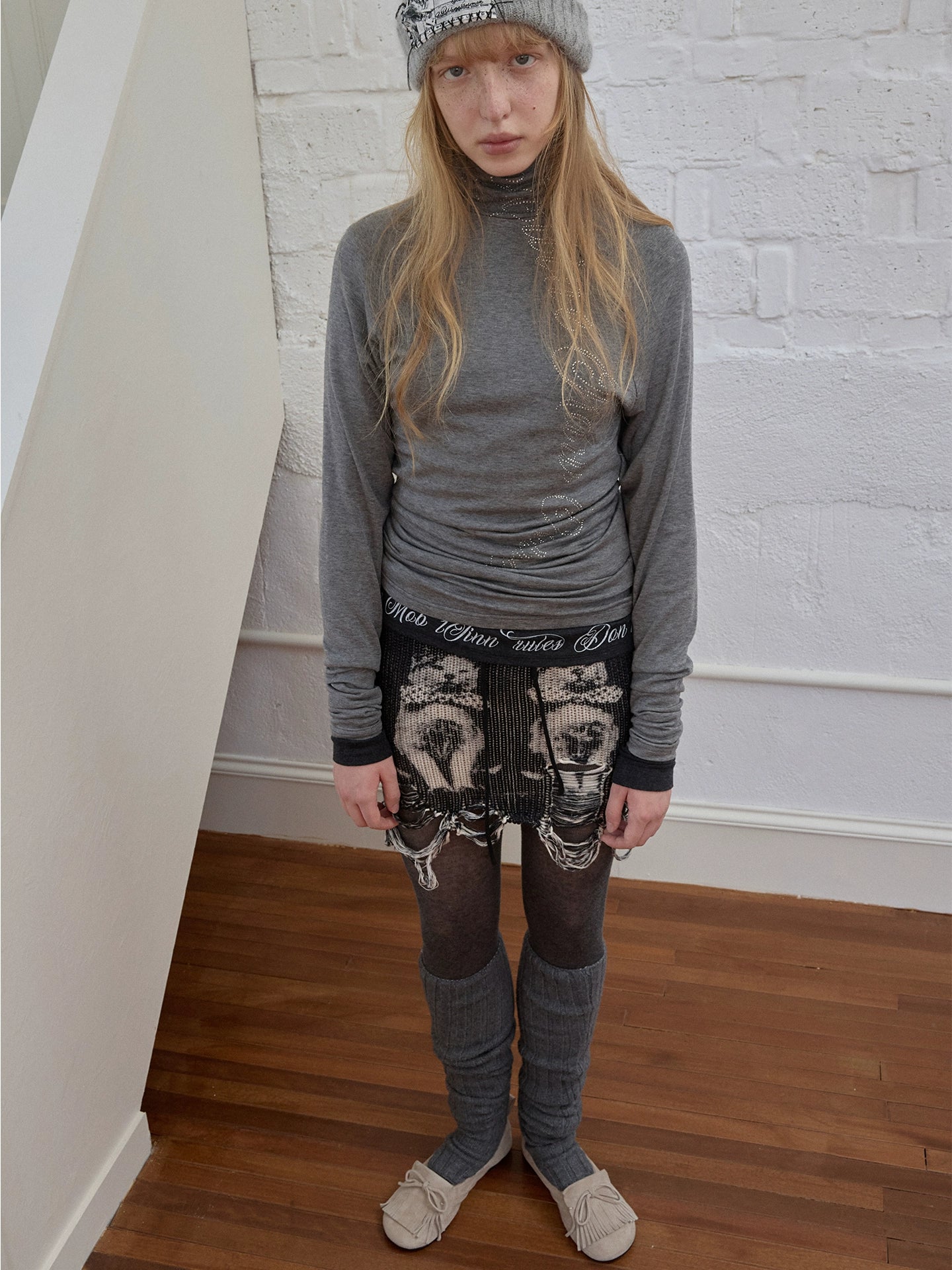 Cat Print Distressed Knit Mini Skirt