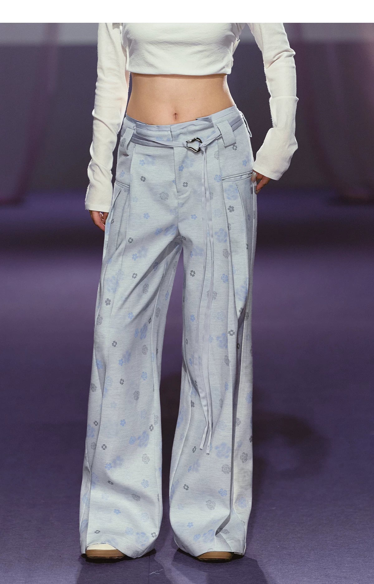 Floral Satin Wide-Leg Tailored Trousers
