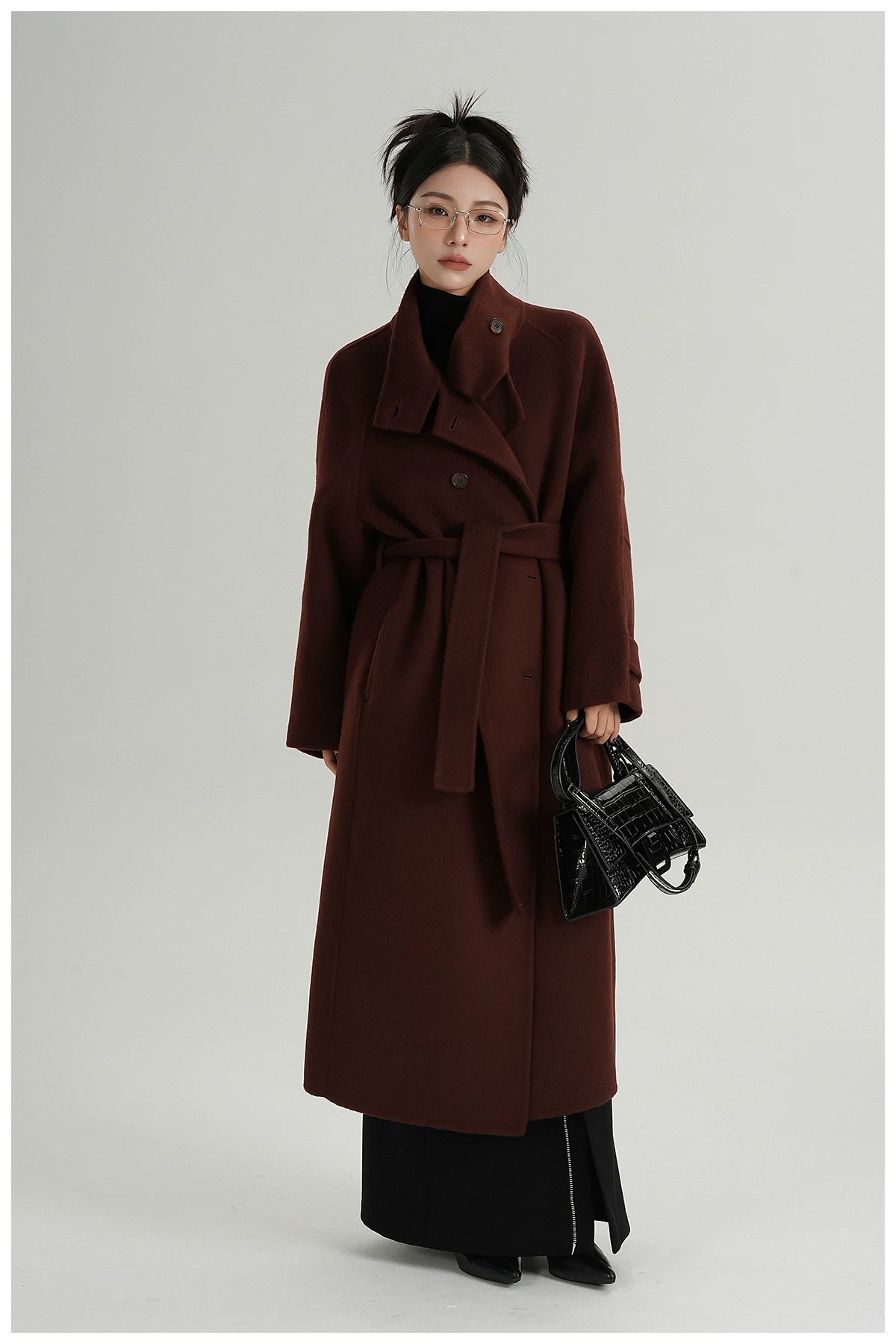 Stand-Collar Long Wool Coat