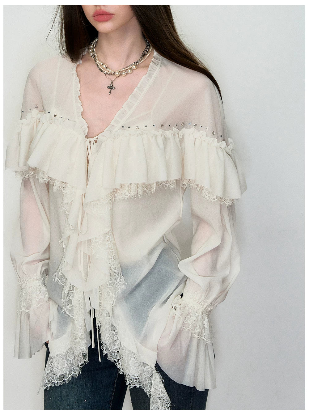 Sheer Lace-Trim Tie Blouse