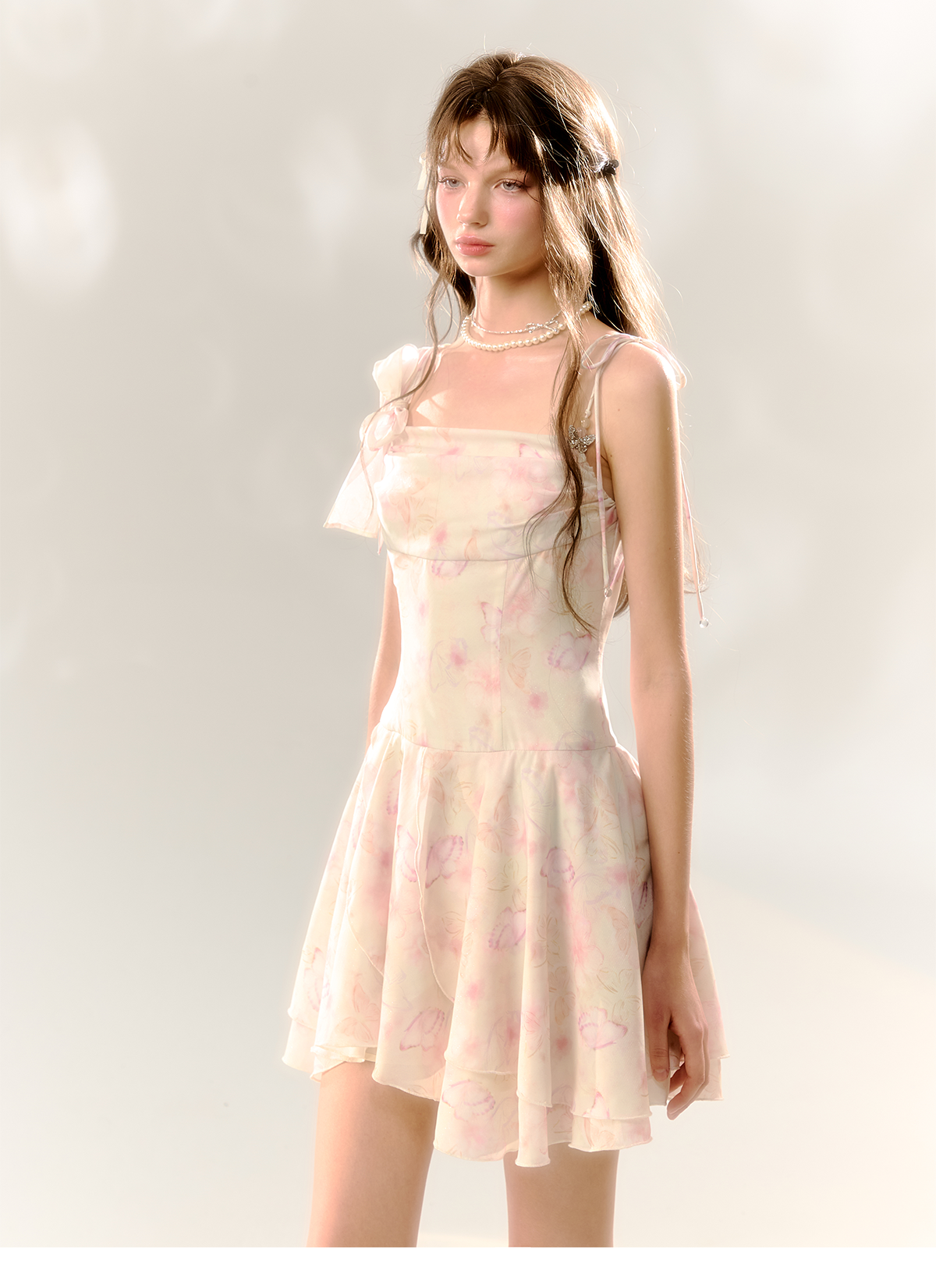 White Butterfly Print Cinched Waist Dress - CHINASQUAD