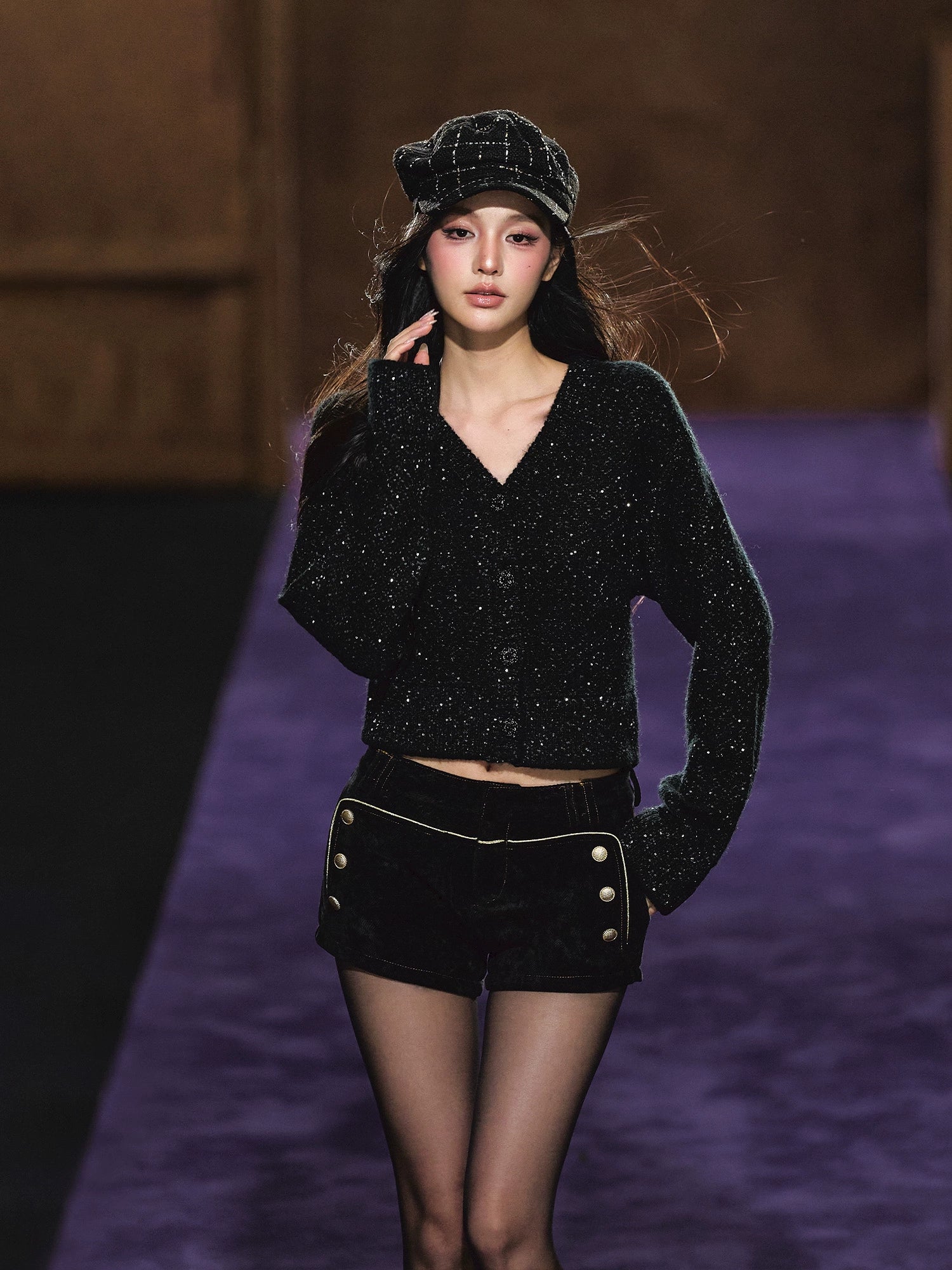 Shimmer V-Neck Sequin Detail Knit Cardigan