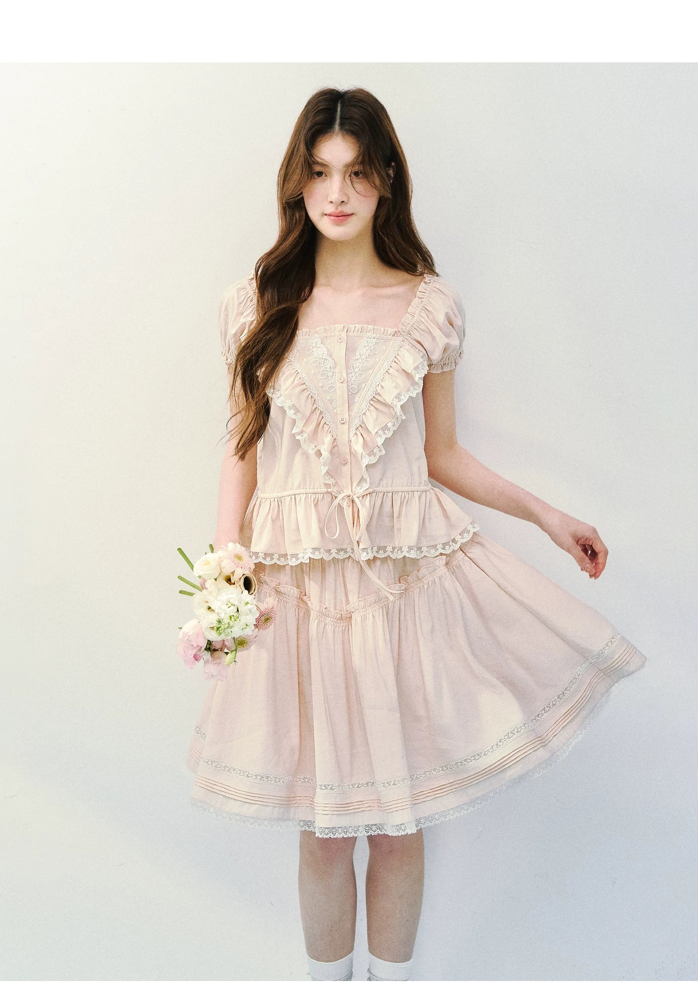 Romantic Ruffle Lace Blouse & Skirt Set