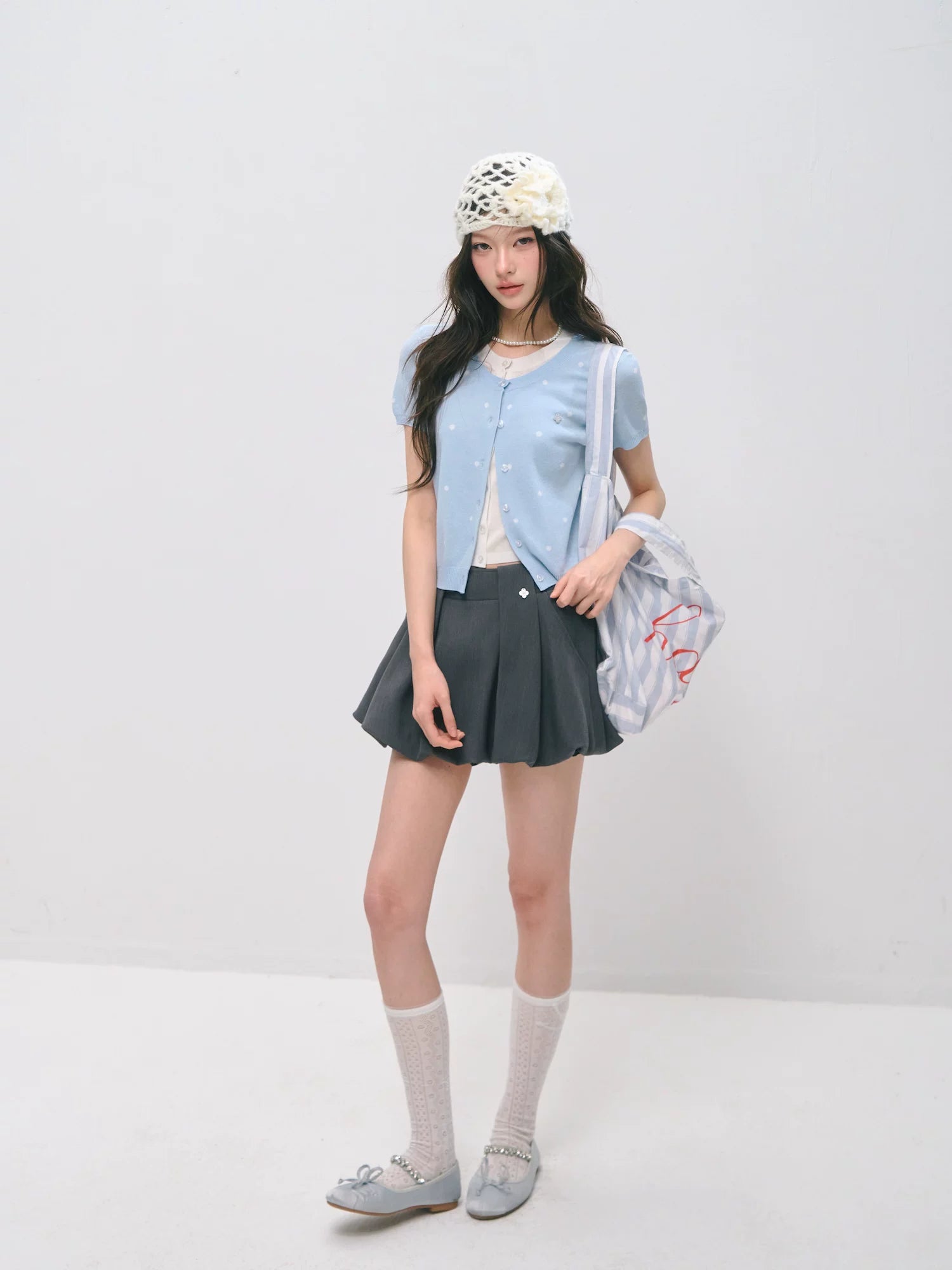Polka Dot Layered Knit Short Sleeve Top