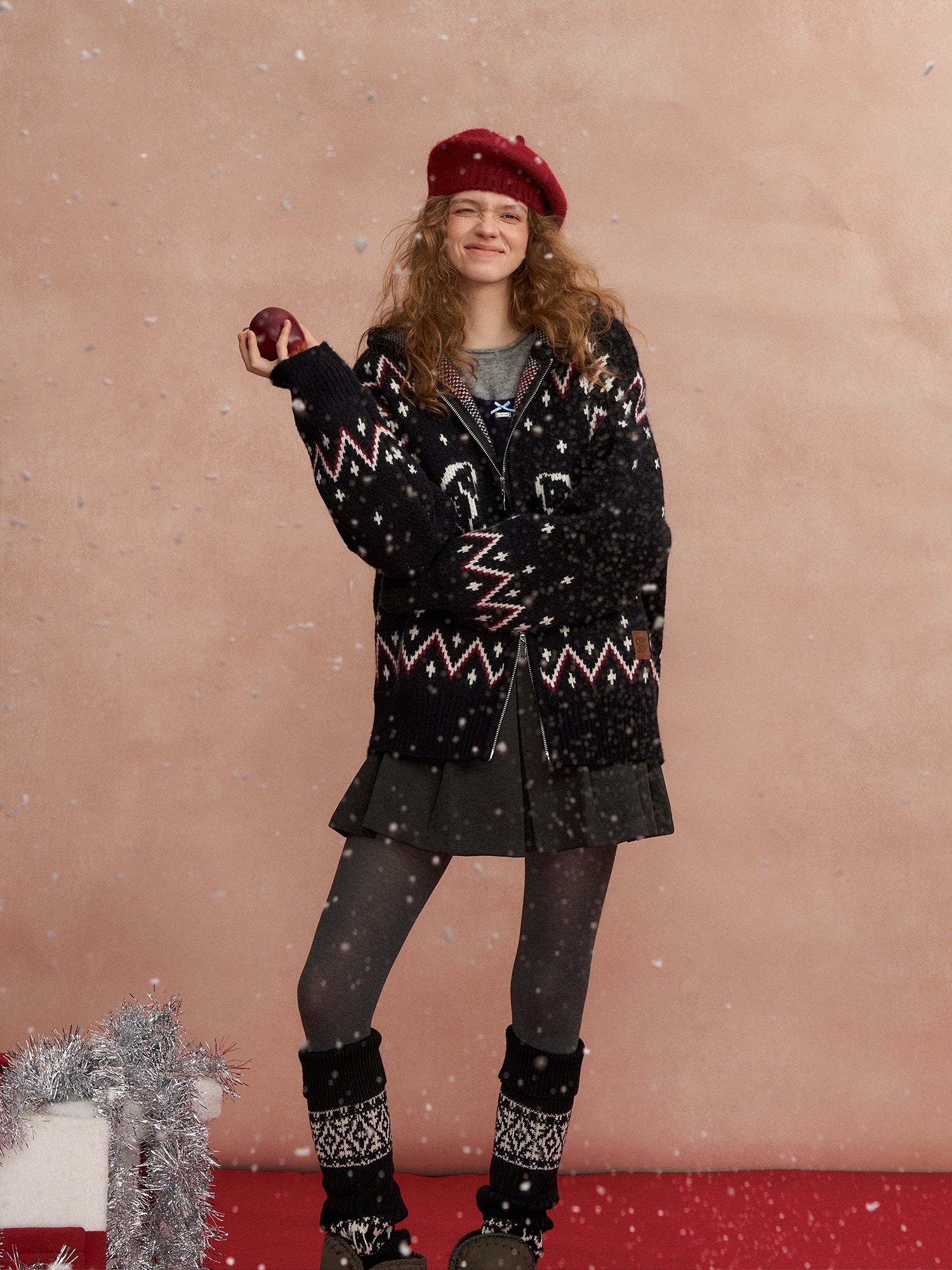 Fair Isle Horse-Pattern Hooded Cardigan