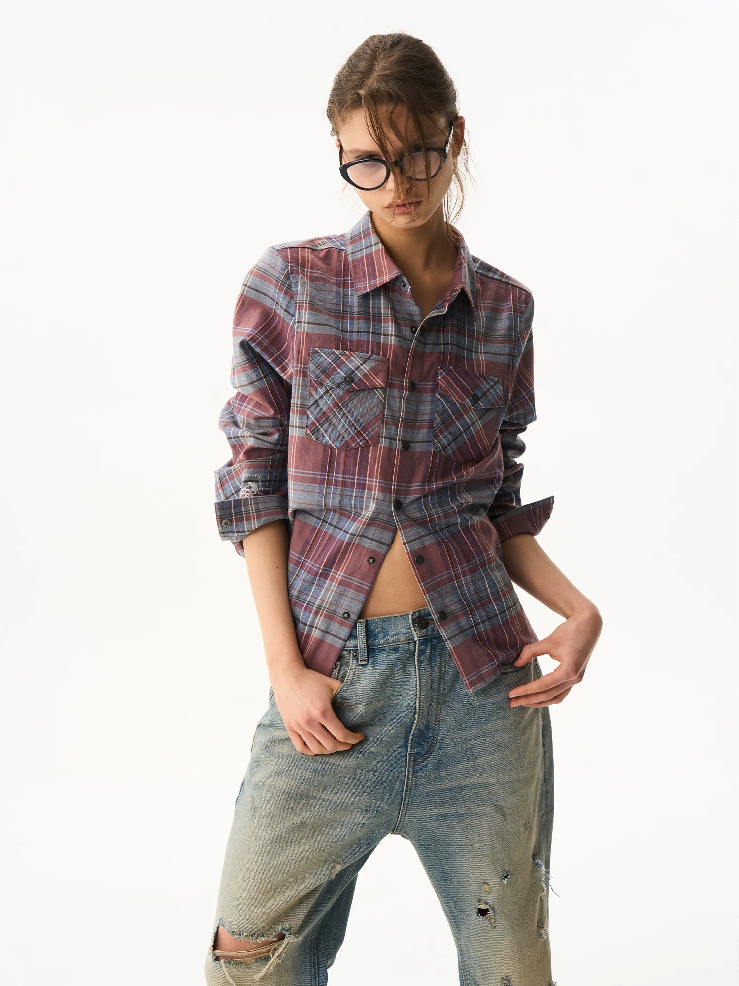 Cropped Embroidered Check Shirt