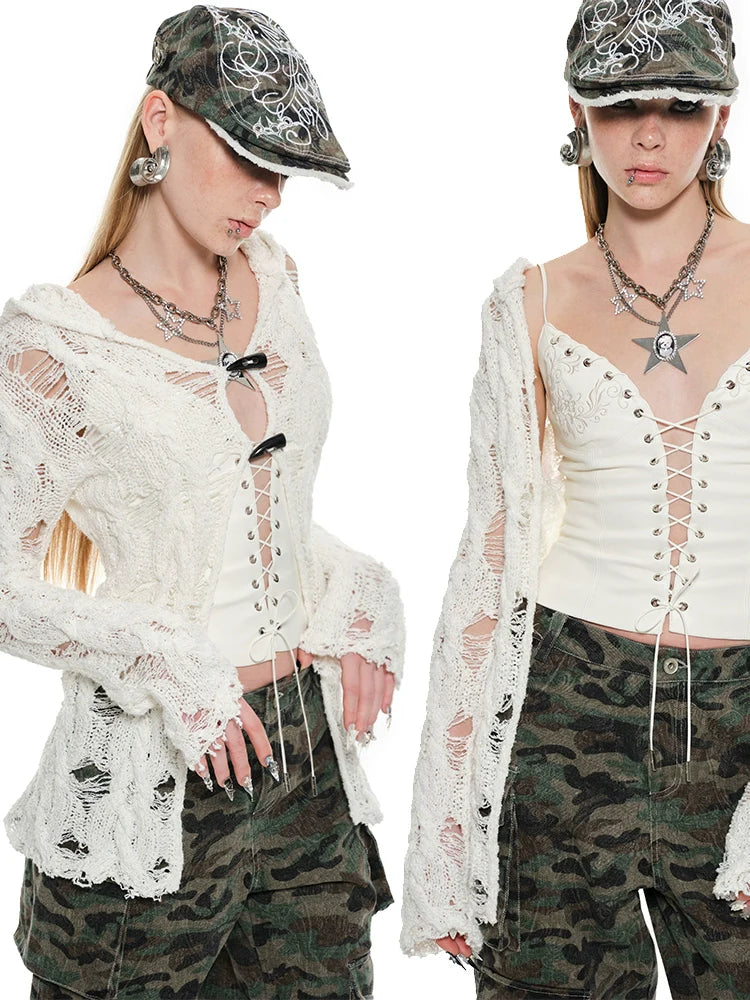 Black & White Hollow Out Knit Hoodie - CHINASQUAD