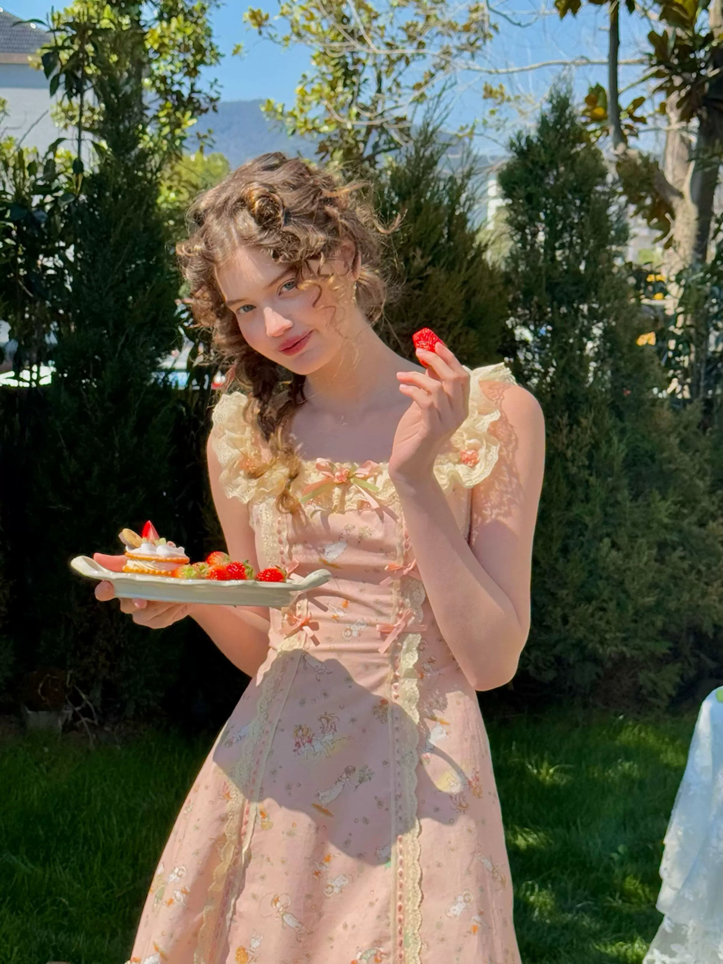 Vintage Pastoral Printed Lace Slip Dress