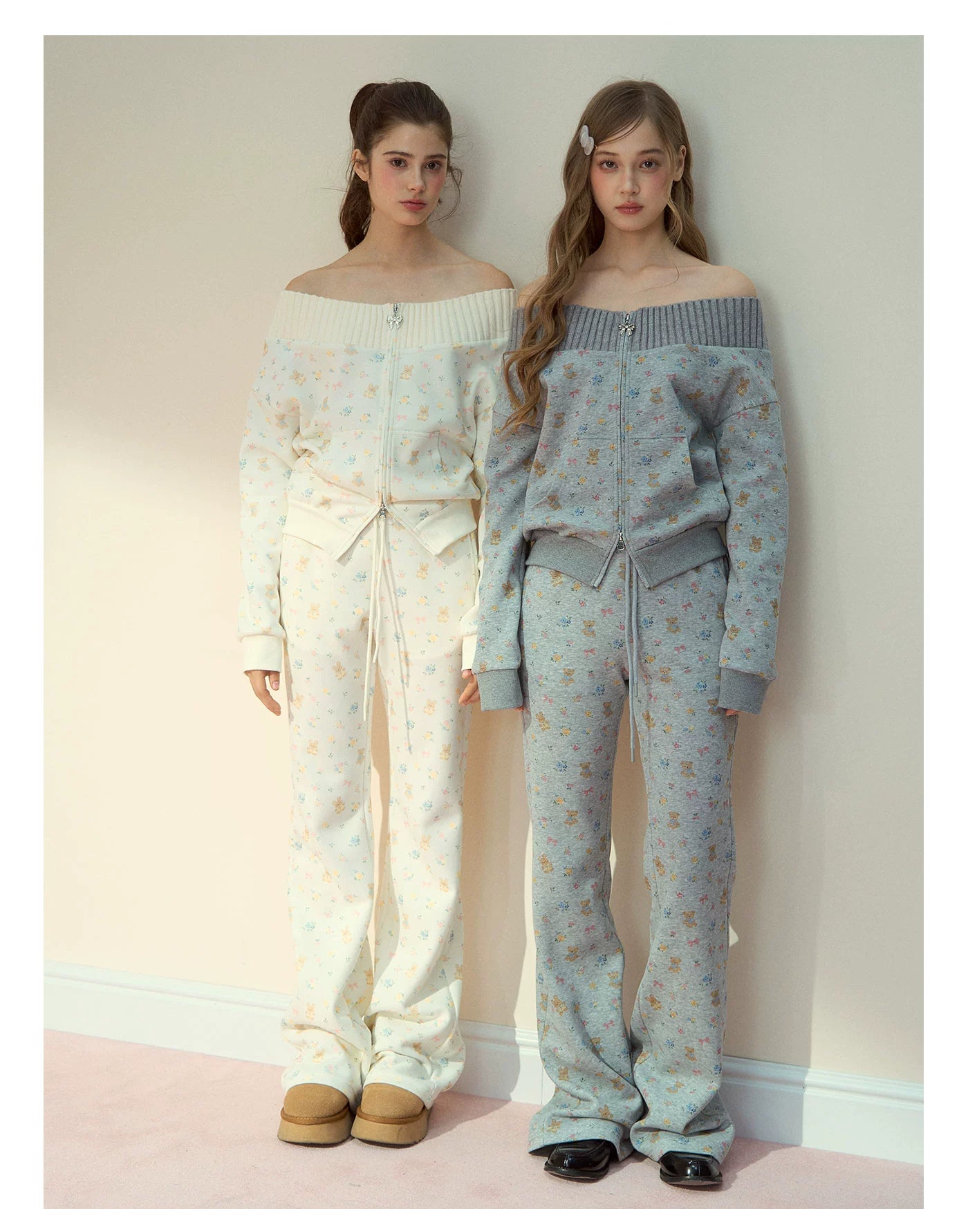 Floral Bunny Off-Shoulder Zip-up Sweatshirt - CHINASQUAD