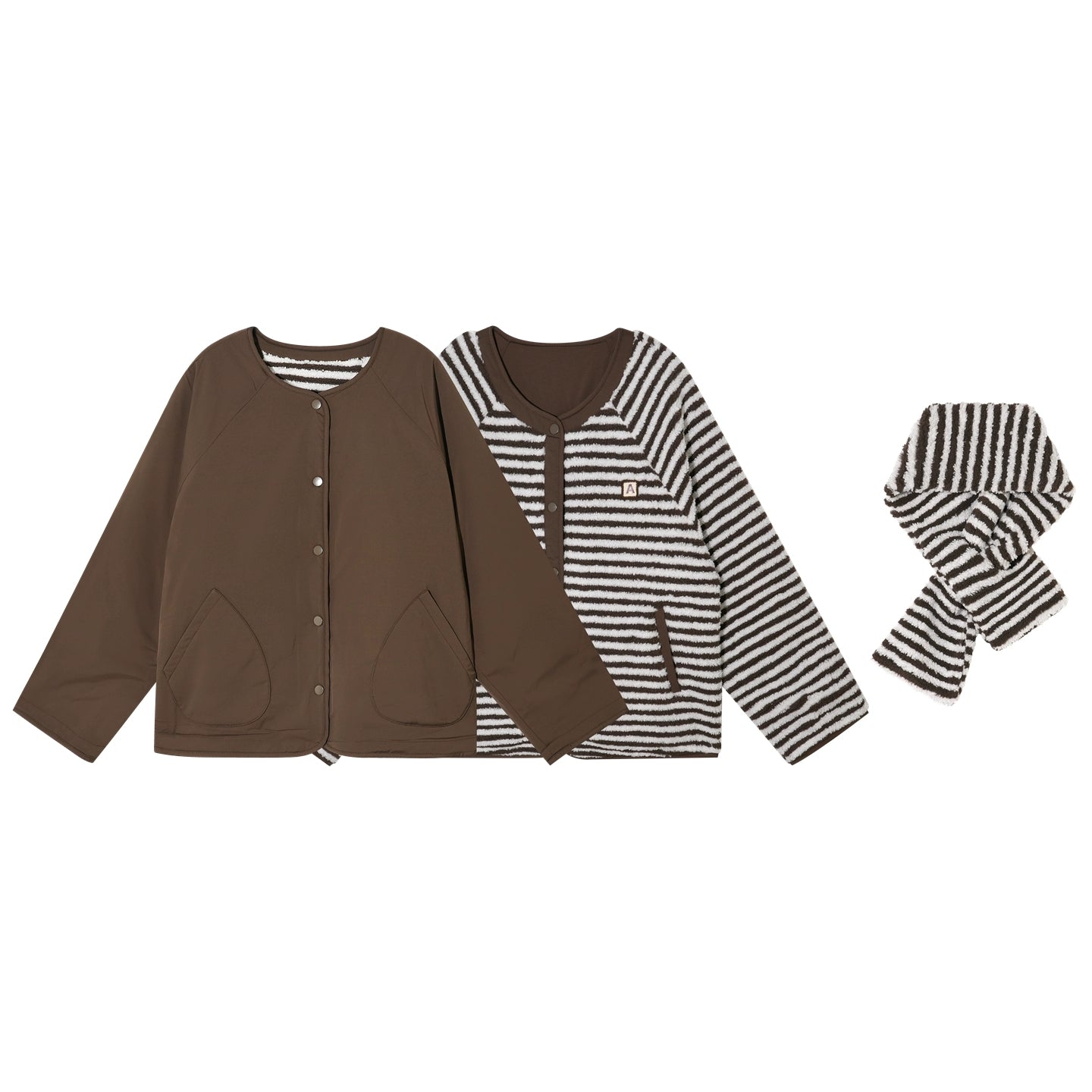 Reversible Striped Faux Scarf Detail Shearling Jacket