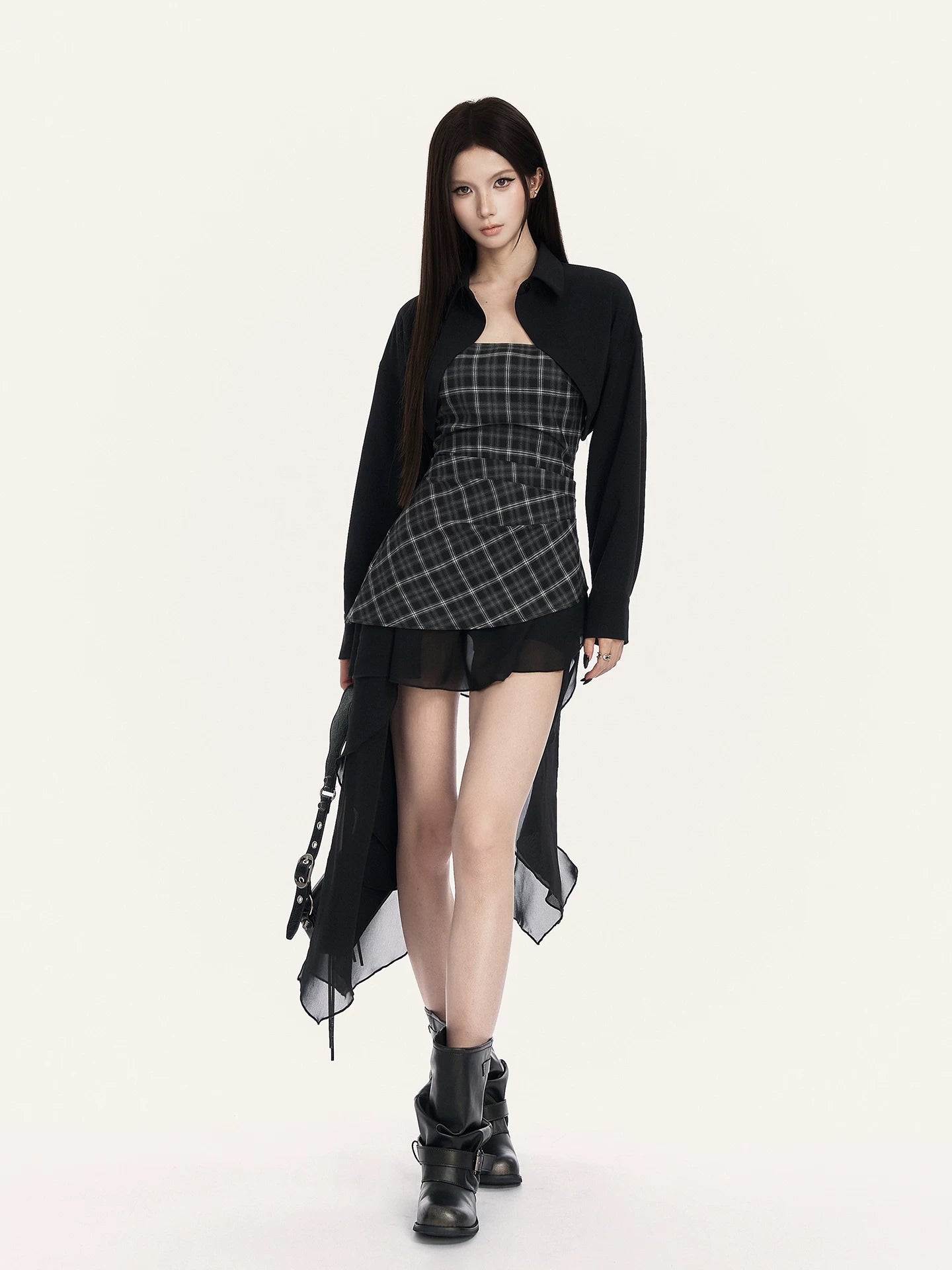 Romantic Asymmetric Ruffle Halter Plaid Bustier