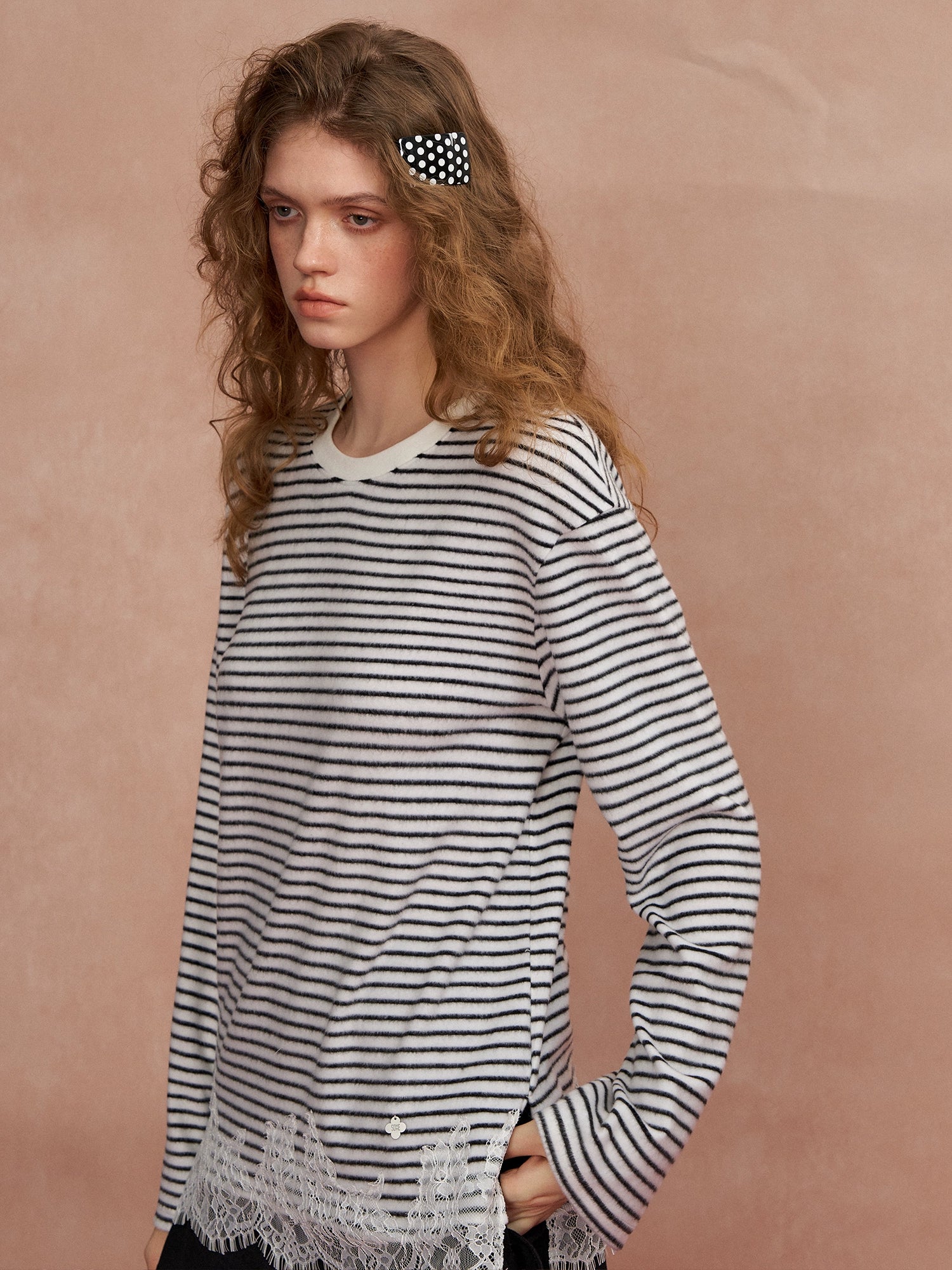 Lace-Panel Fuzzy Ribbed Long-Sleeve Tee