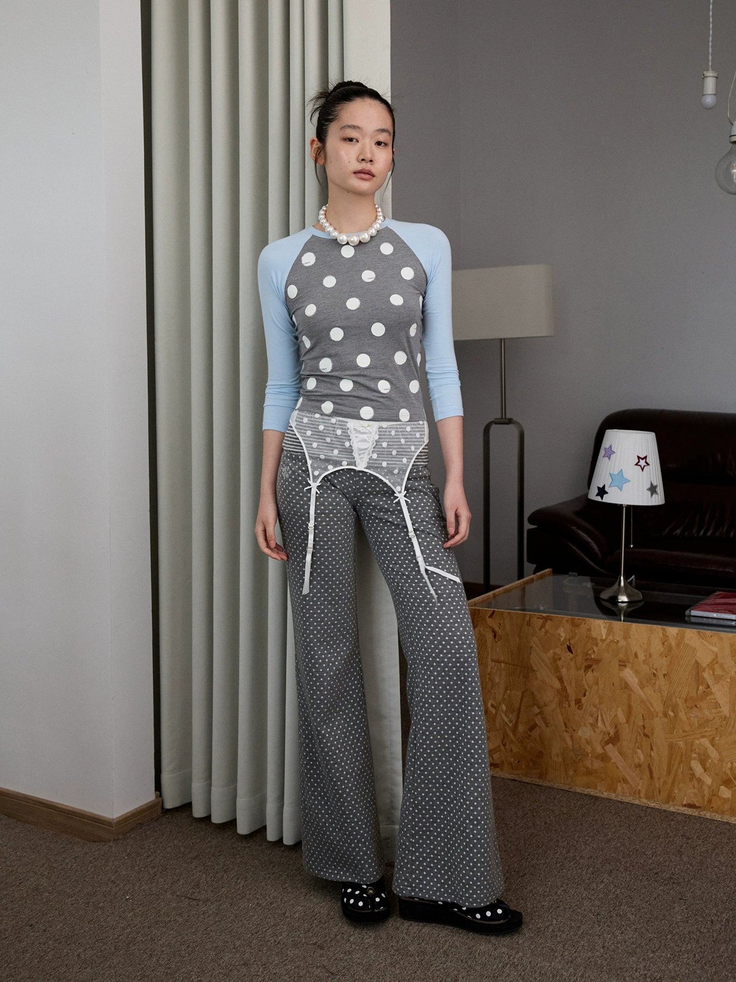 Color-Block Patchwork Polka Dot Print Raglan T-shirt