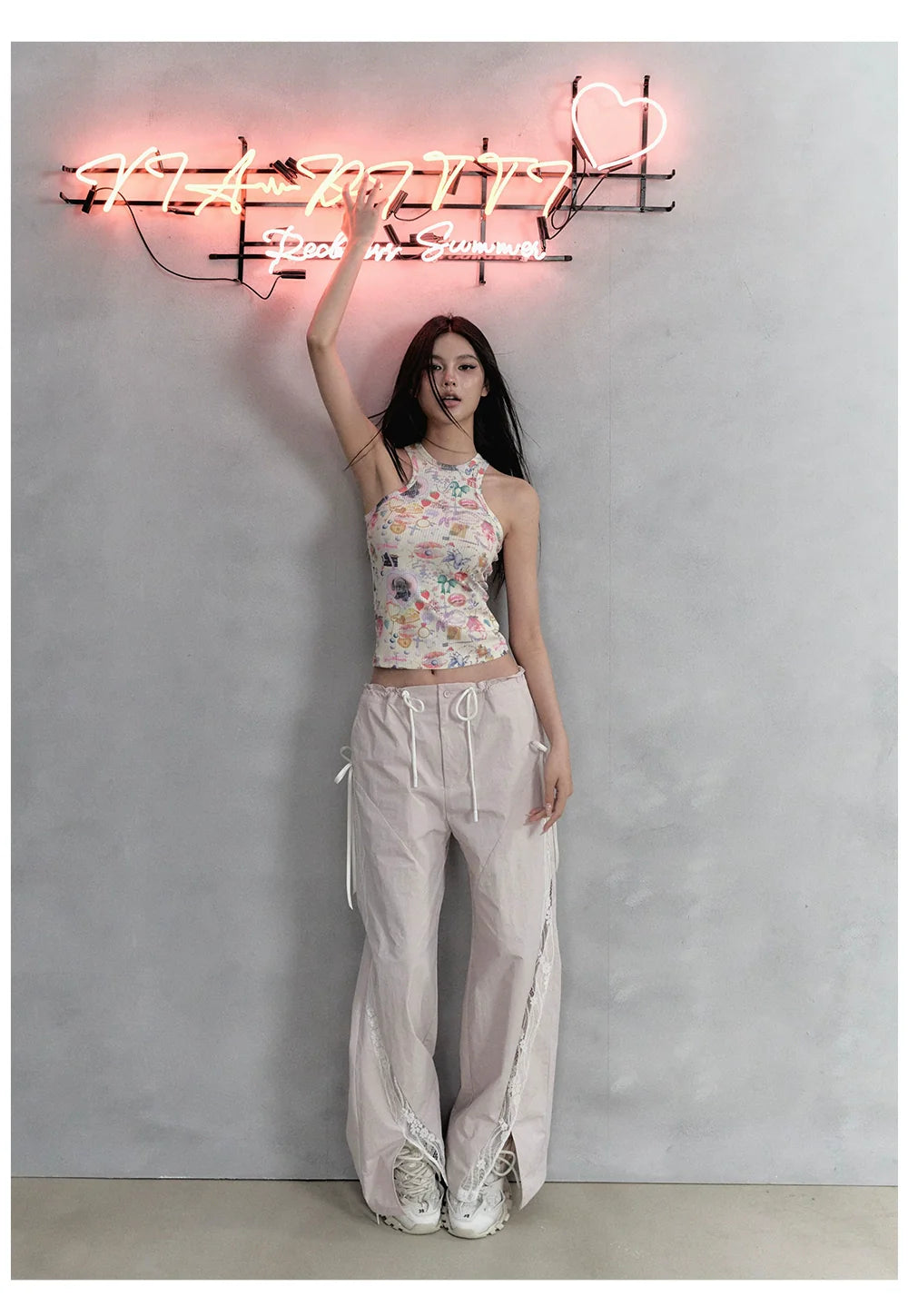 Pink Lace Patchwork Casual Cargo Pants - CHINASQUAD