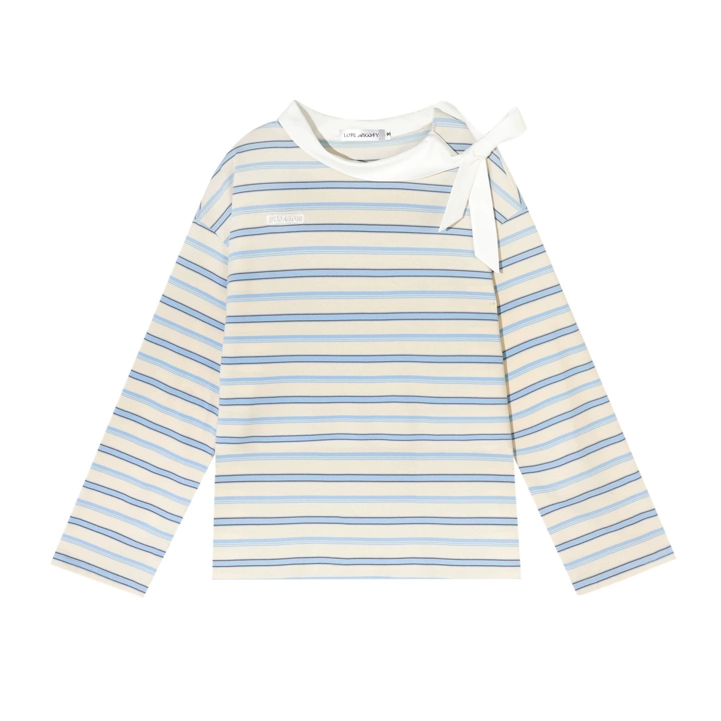 Contrast Tie Collar Striped Relaxed Long Sleeve T-Shirt