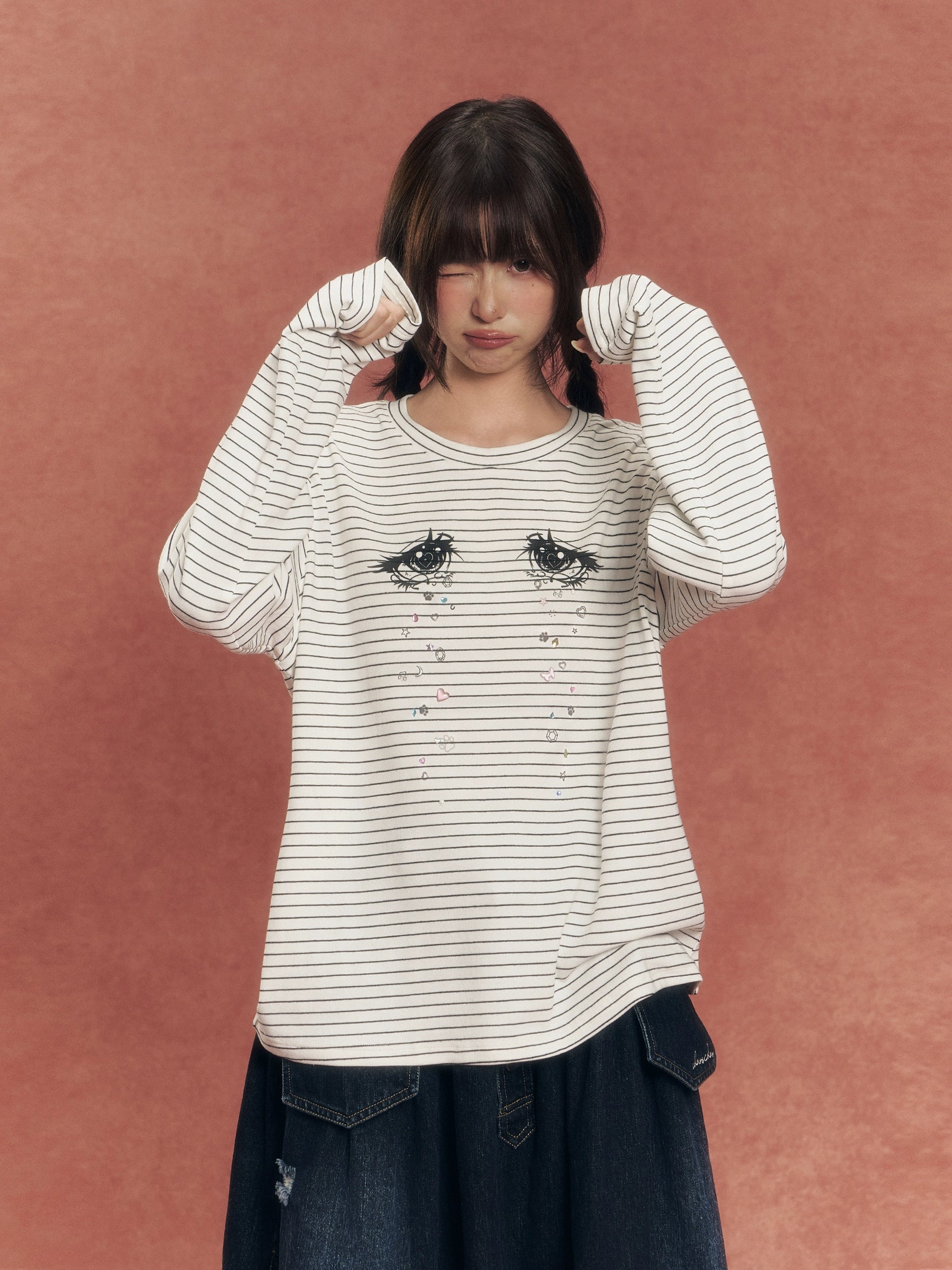 Crystal Eye Print Striped Long-Sleeve T-Shirt