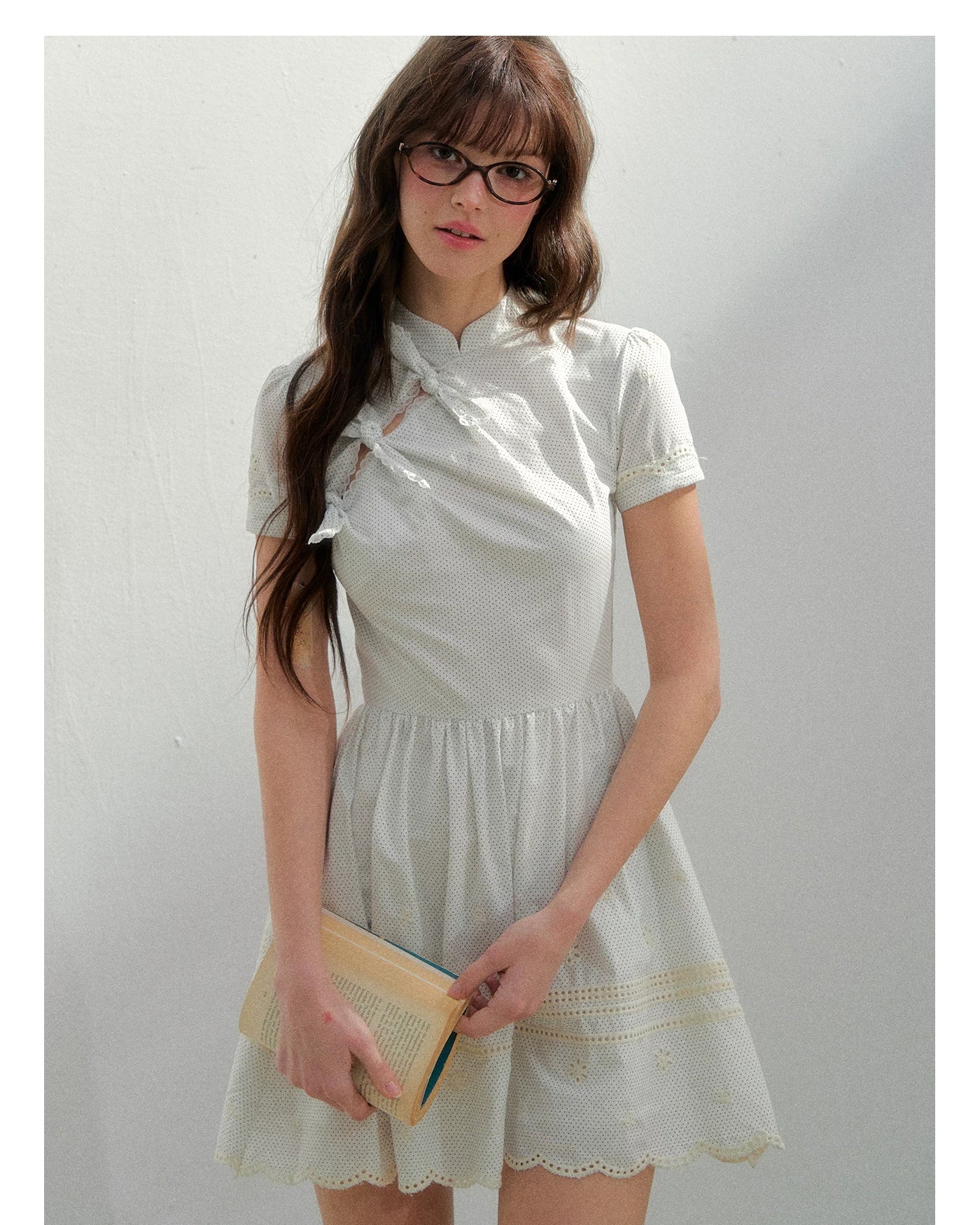 Polka Dot Embroidered Bow Cheongsam Dress