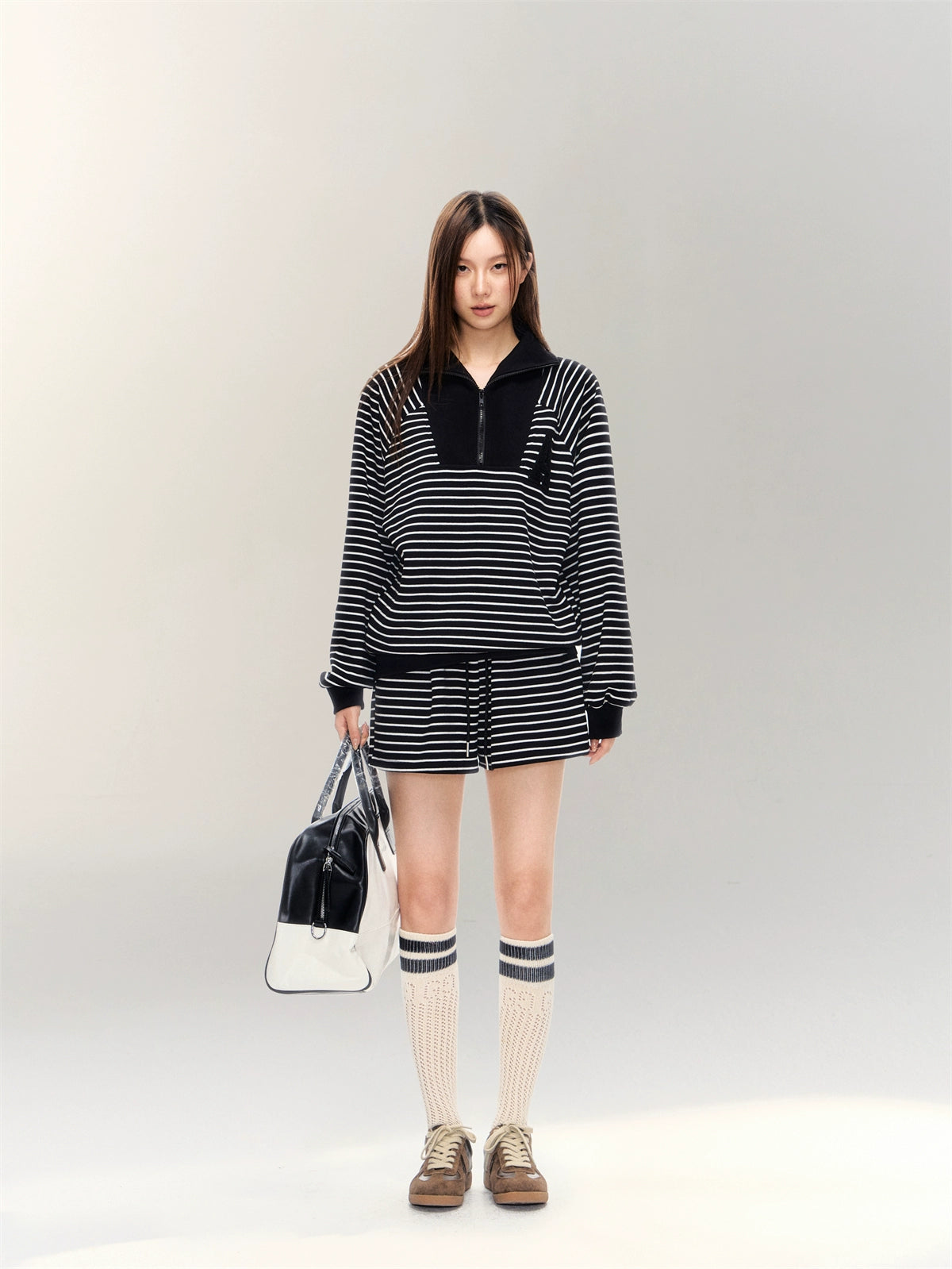 Striped Embroidered Sweatshirt & Shorts Set - CHINASQUAD