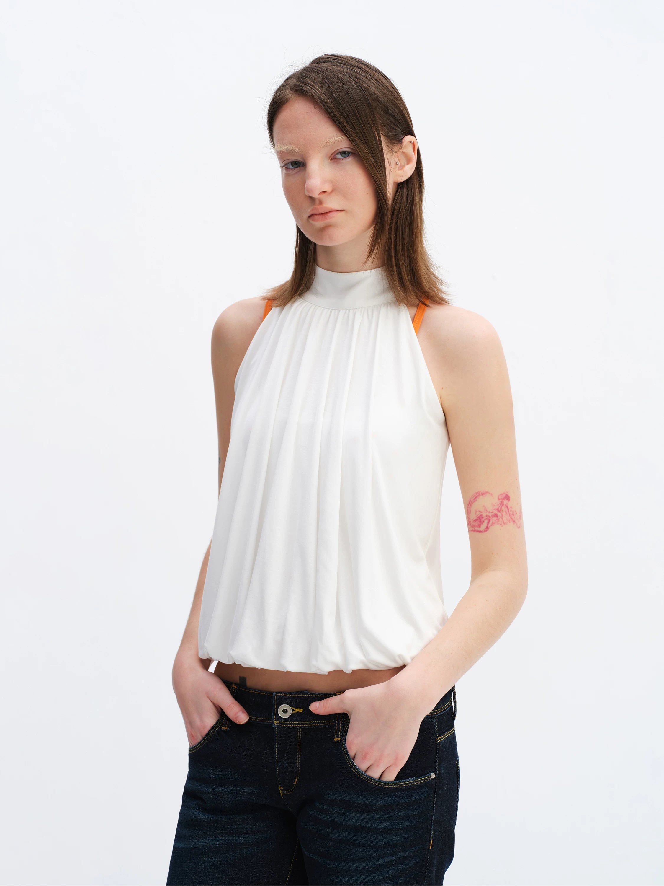 Lyocell Bubble Hem Halter Neck Blouse