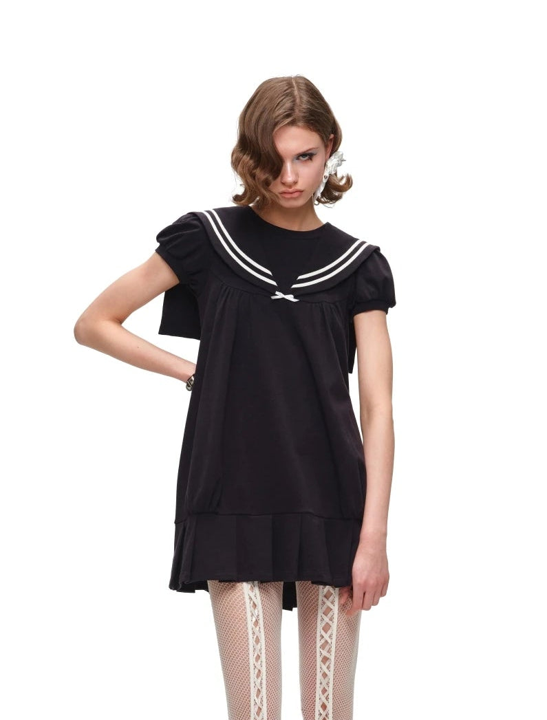 Retro Navy Collar Pleated Dress | Final Sale